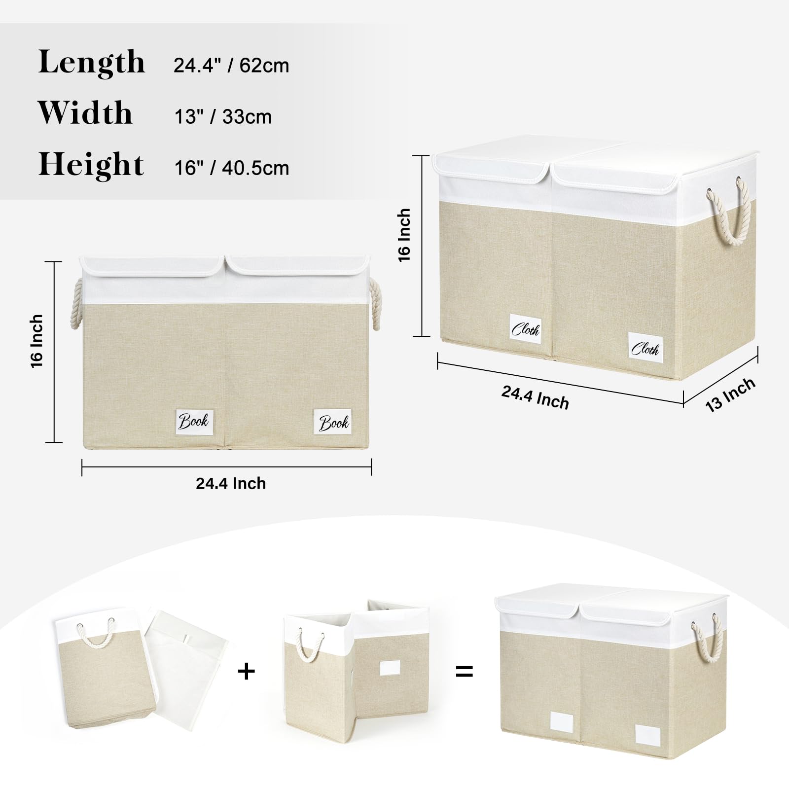 HNZIGE Large Collapsible Fabric Storage Box with Flip-Top Lid - Toy Organizer Bin for Kids Bedroom, Clothes & Toys - Foldable Toy Chest Container (White & Beige) | Perfect for Nursery Organization, Playroom Storage & Closet Decluttering