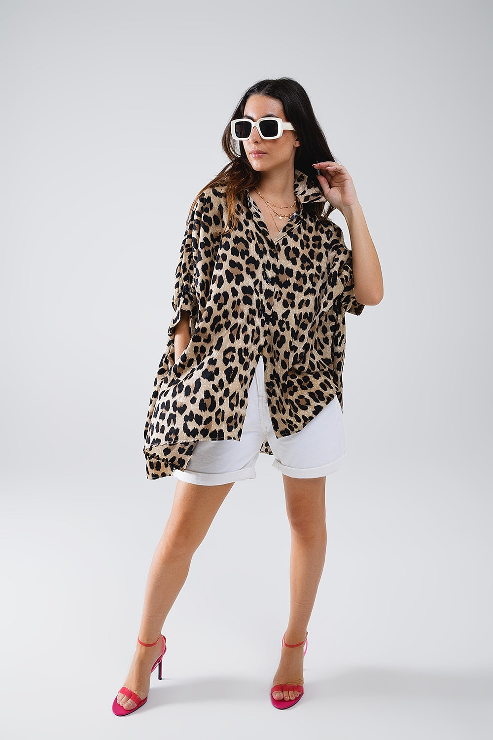 Oversized Leopard Print 3/4 Sleeve Shirt - Women's Fashion Blouse for Casual Wear, Office & Date Night