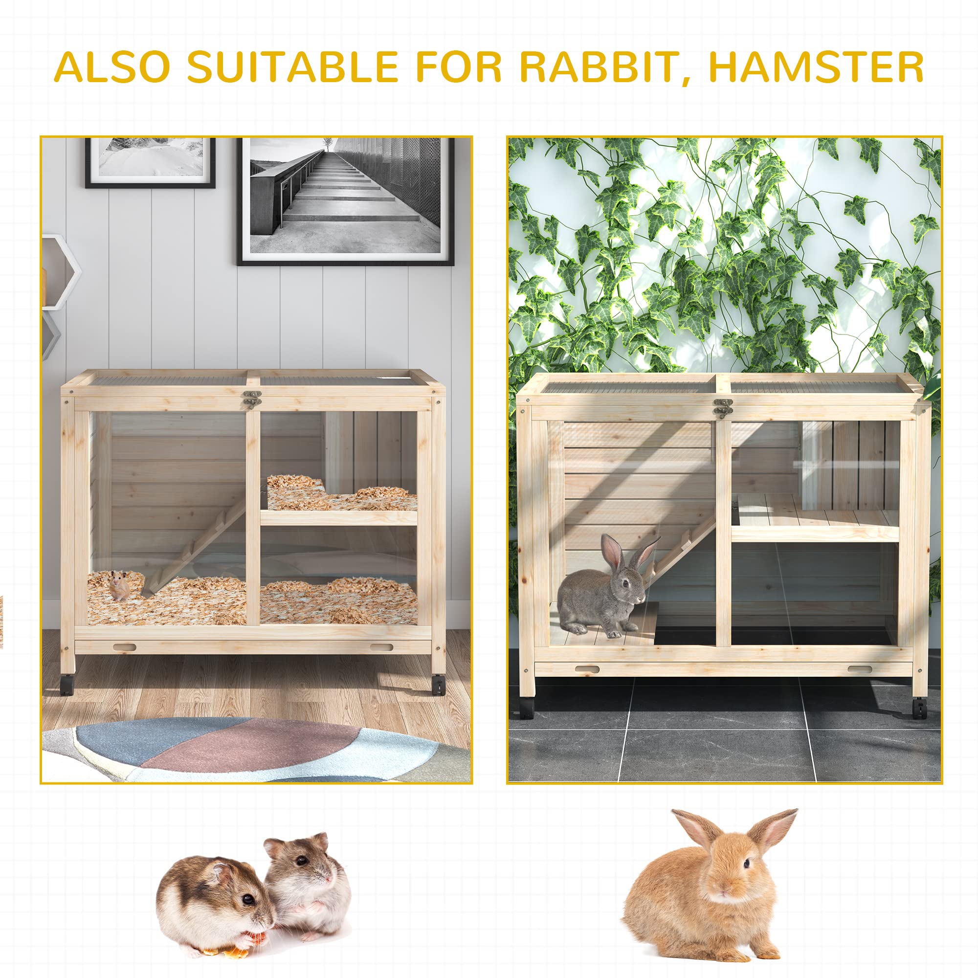 PawHut Wooden Rabbit Hutch with Wheels - Waterproof Bunny Cage with Removable Tray & Openable Roof - Indoor/Outdoor Small Animal House for Rabbits, Guinea Pigs - Perfect for Backyard, Garden or Patio Use