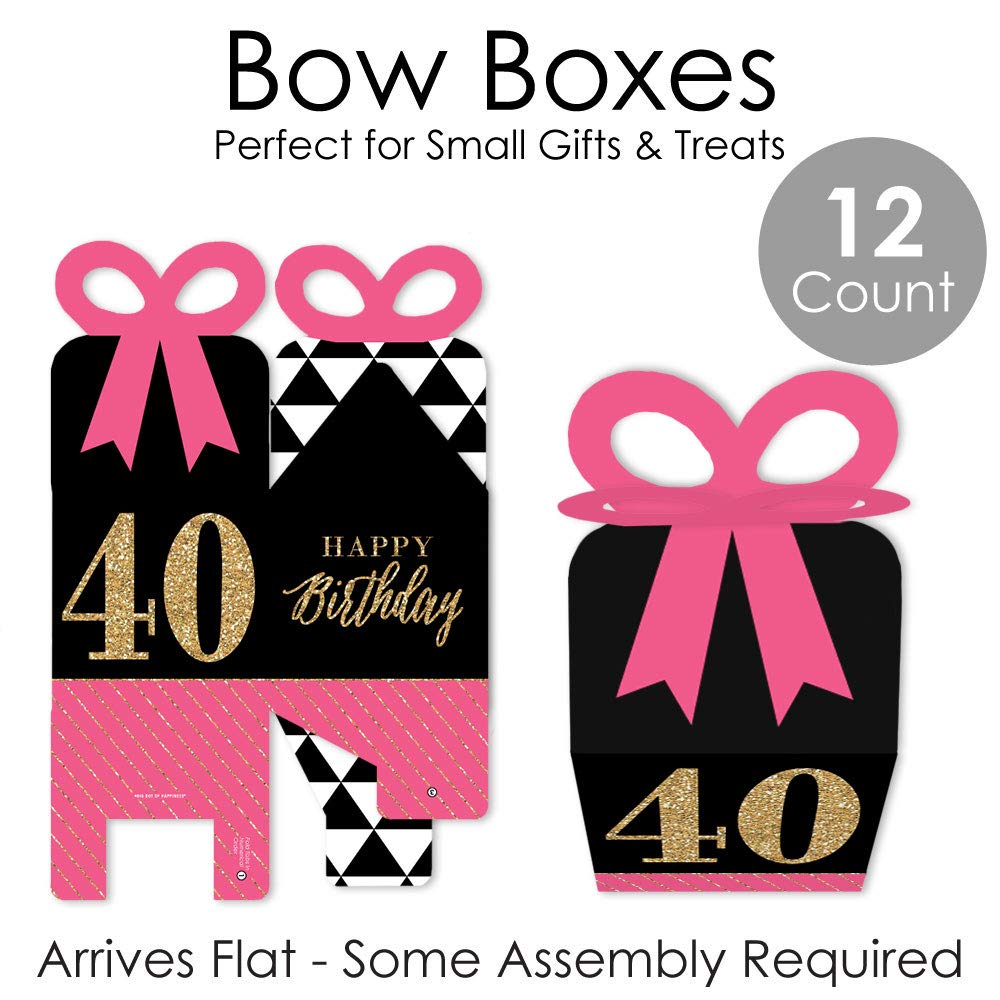 Chic 40th Birthday Gift Boxes - Pink, Black & Gold Set of 12 for Party Favors