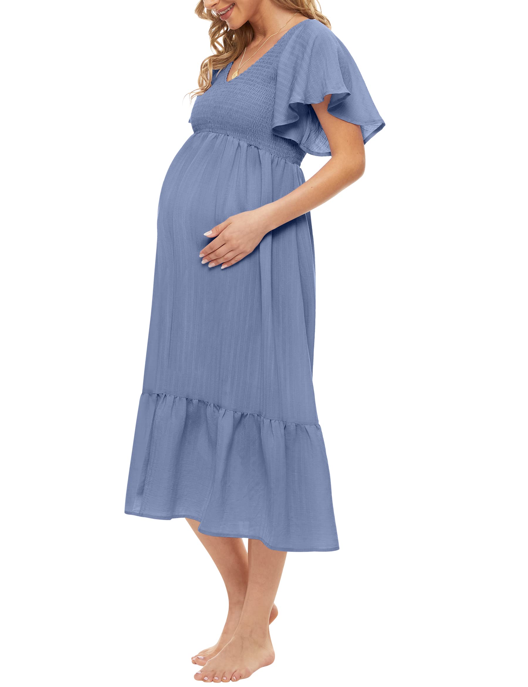 Boho Flutter Short Sleeve Maternity Dress - V-Neck Smocked Midi Dress for Baby Shower & Casual Wear (Sizes S-2XL) | Perfect for Pregnancy Photos, Bridal Showers & Summer Outfits