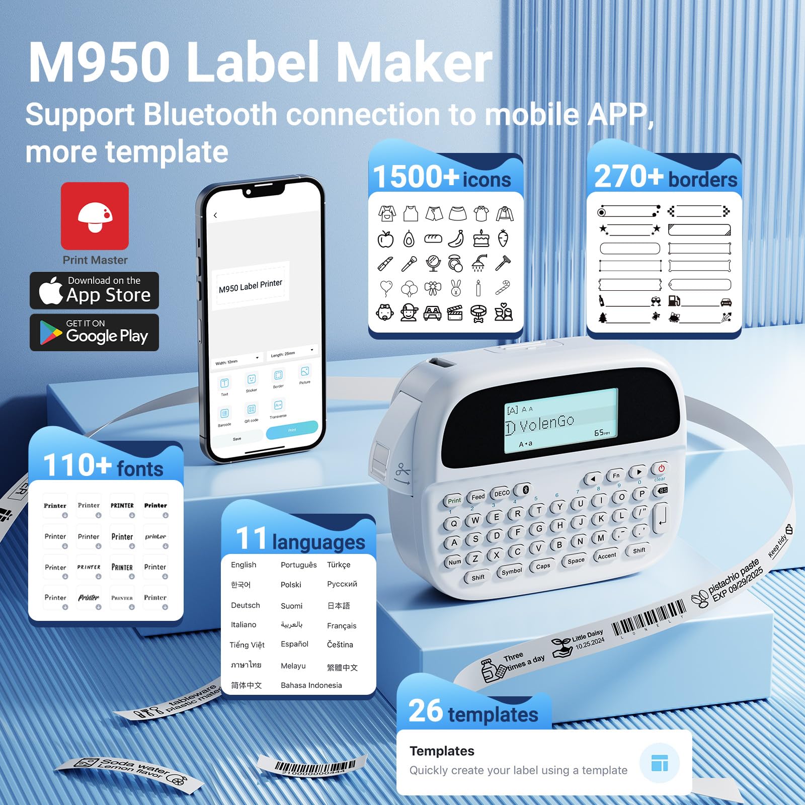 M950 Ptouch Label Maker Machine - Rechargeable Portable Bluetooth Label Printer with 12mm White Tapes | Backlit Inkless Labeling for Office, School, Home & Organization | Perfect for File Folders, Storage Boxes & Cable Management