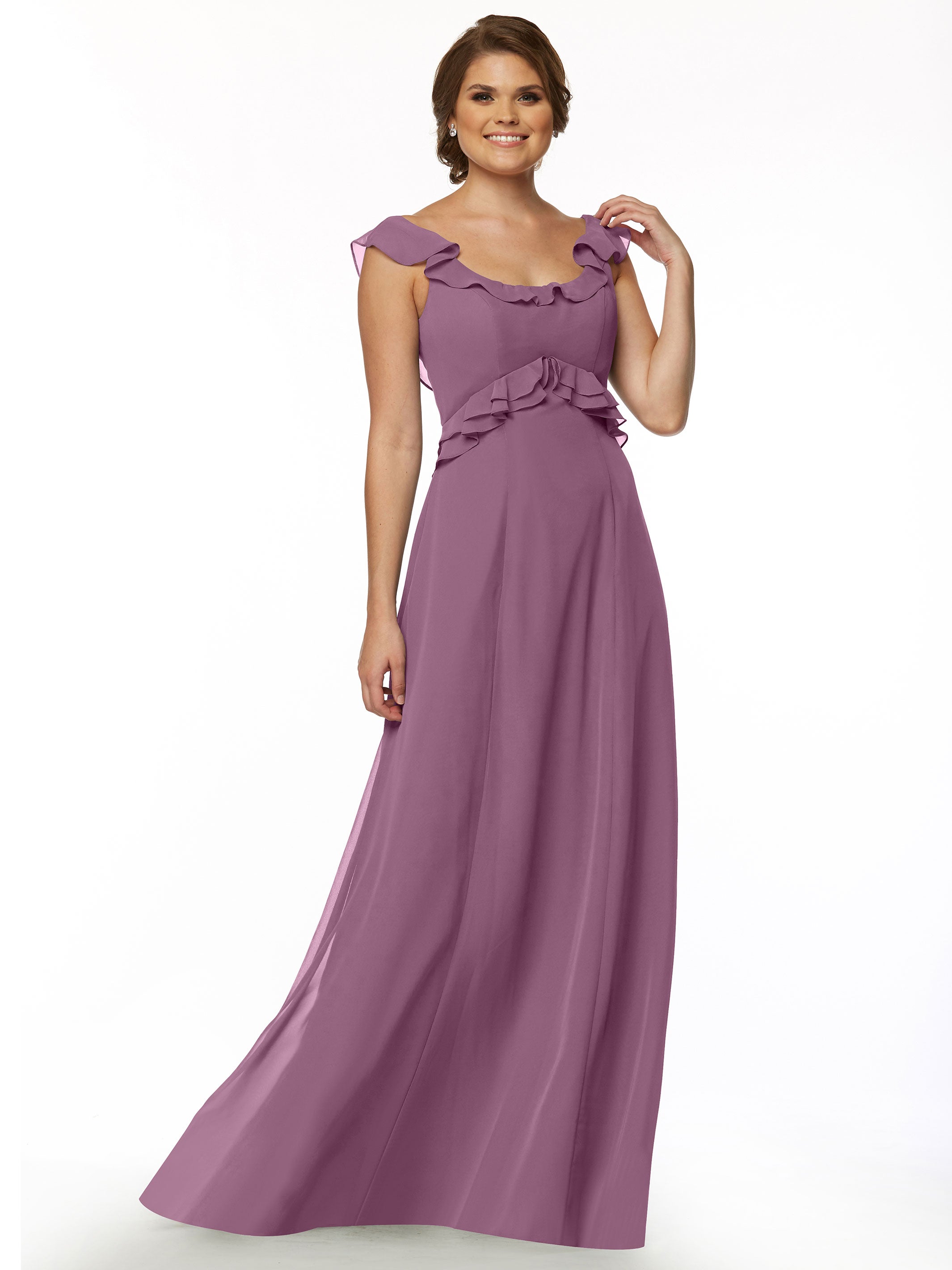 Elegant 80173 Chiffon Off-The-Shoulder A-Line Bridesmaid Dress with Ruffled Bodice - Perfect for Weddings, Formal Events & Special Occasions