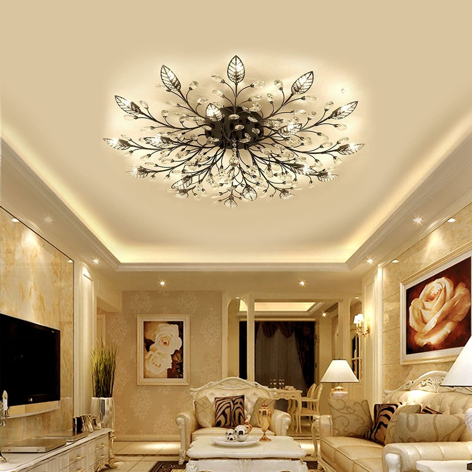 Modern Flush Mount Gold Black LED Crystal Ceiling Chandelier - K9 Crystal Light Fixture for Bedroom, Living Room & Dining Room - Energy Efficient Close-to-Ceiling Lighting Solution