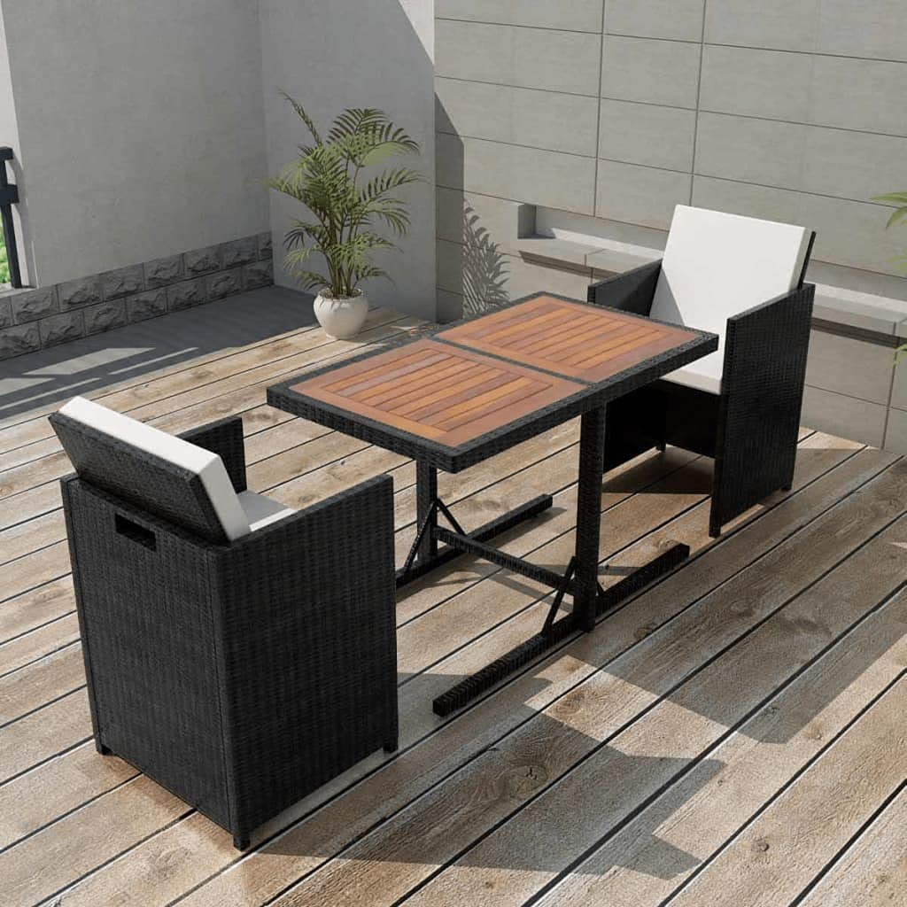 3-Piece Outdoor Patio Bar Set with Cushions - Black Poly Rattan Bistro Table & Stools for Backyard, Garden, Poolside or Balcony Dining