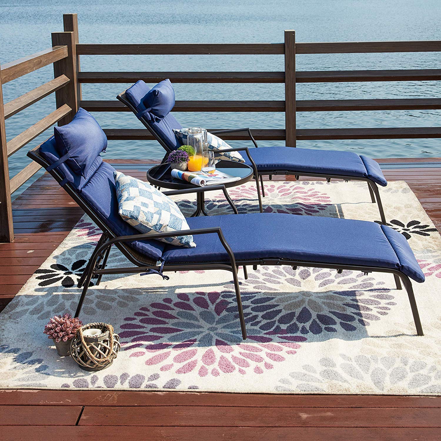 Premium Outdoor Lounge Chair Set - Adjustable Metal Patio Chaise Lounge with Folding Table (3-Piece, Blue) for Backyard, Poolside, Beach & Camping Comfort