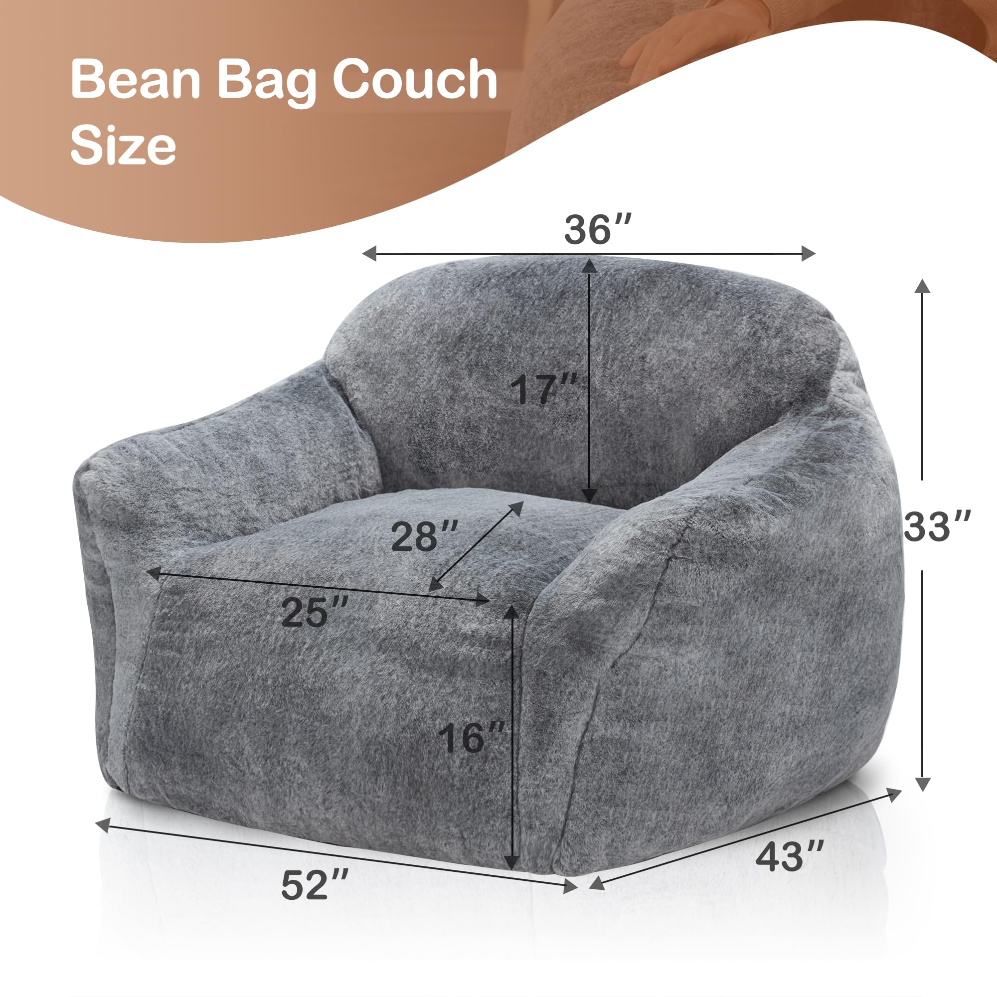 Homguava Oversized Bean Bag Chair for Adults - Spacious Comfy Beanbag Sofa with Armrest & Filler, Giant Lounger for Living Room, Bedroom, Game Room & Home Theater (Grey) - Perfect for Relaxing, Gaming & Movie Nights