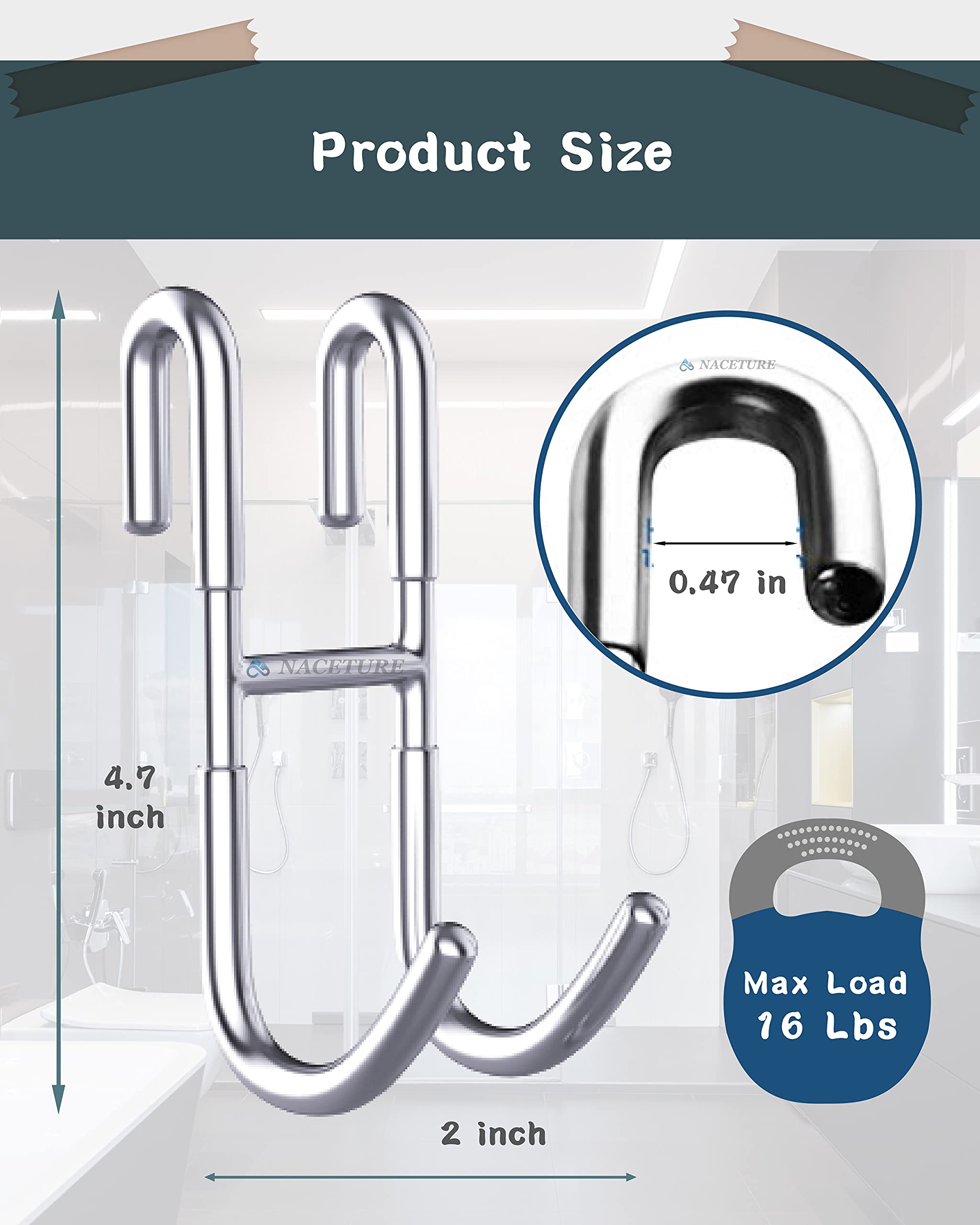 NACETURE 3-Pack Stainless Steel Over Shower Door Hooks - No Drill Towel Hanger for Bathroom, Shower Squeegee Rack & Robe Hook - Perfect for Frameless Glass Doors (Clear) - Organize Your Shower Space with These Durable Hooks for Towels, Robes & Cleaning Tools