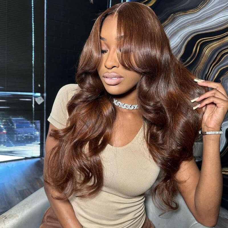 Eullair 13x4 Lace Front Wigs Human Hair - Burgundy Brown Layered Curtain Bangs Wavy Medium Length Wig for Women | Perfect for Cosplay, Daily Wear & Special Occasions