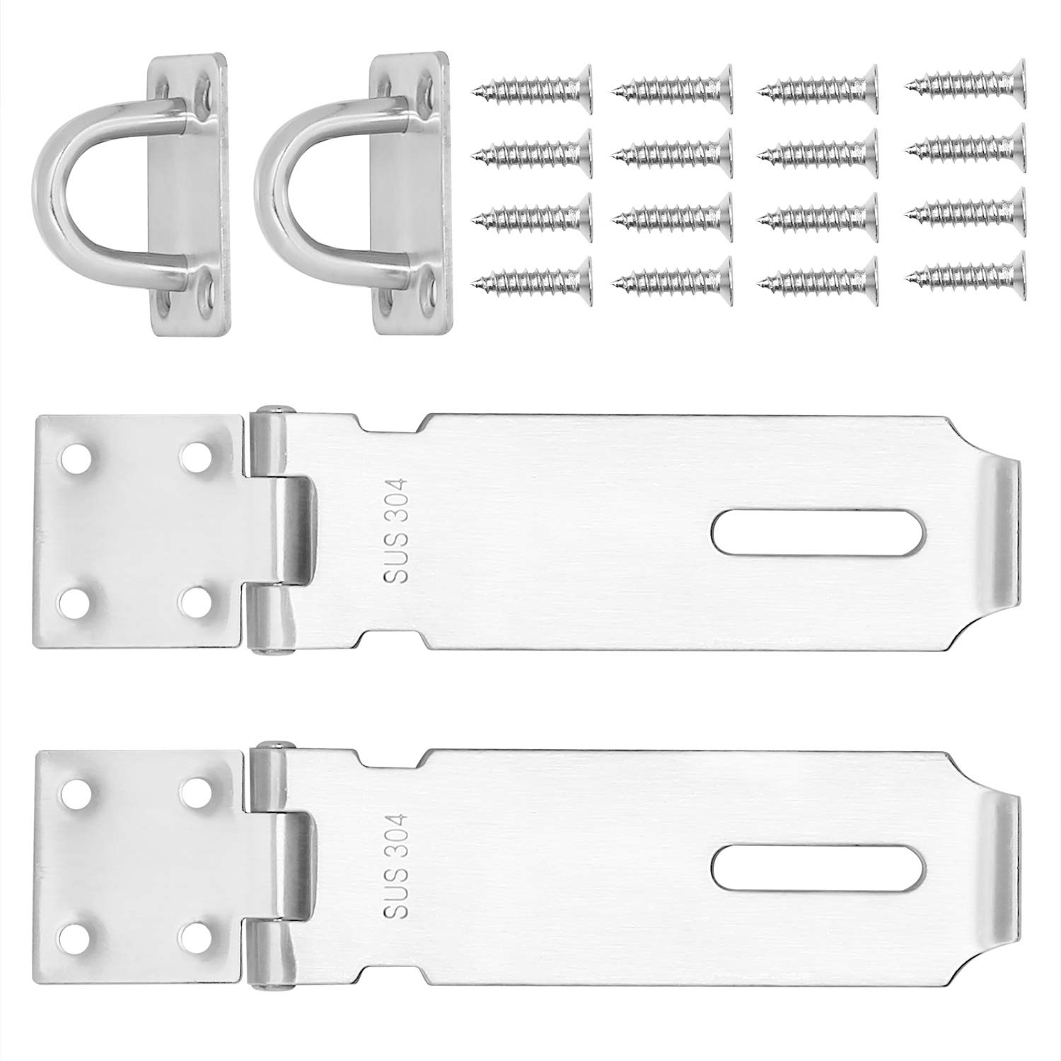 KINJOEK 4 Pack 4 Inch Stainless Steel Door Locks Hasp Latch - 2mm Extra Thick Brushed Security Gate Bolt Clasp with Mounting Screws - Ideal for Doors, Sheds, Cabinets & Outdoor Security