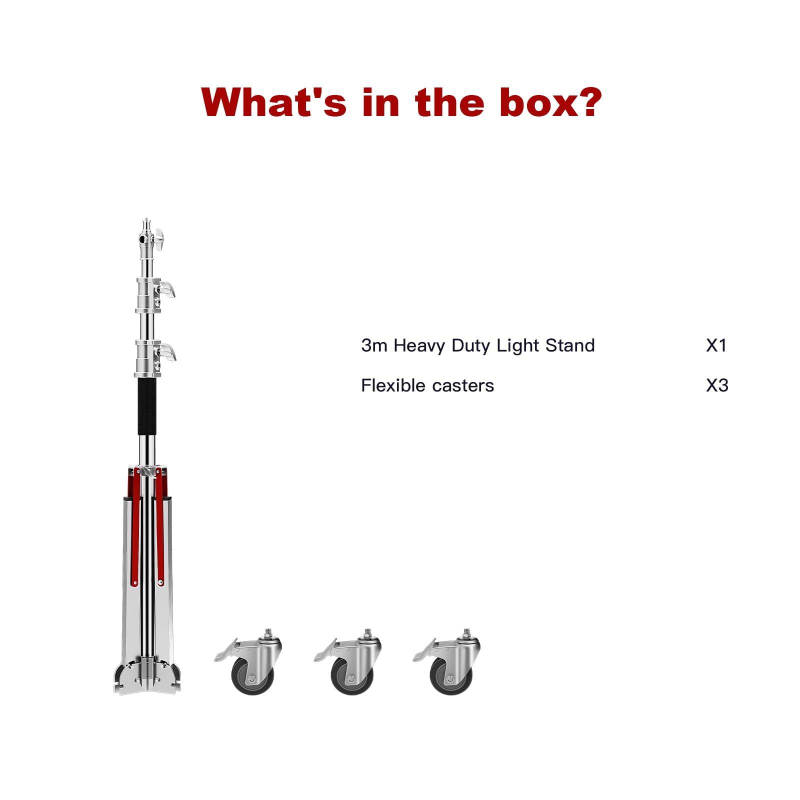 Professional Heavy Duty Light Stand with Wheels - 100% Stainless Steel Adjustable 130cm(4.3ft) to 305cm(10ft) Photography Stand Supports 30kg/66lb - Perfect for Studio Softbox, Monolight, Video Lighting (Silver) - Ideal for Photography Studios, Video Production, and Live Streaming Setups