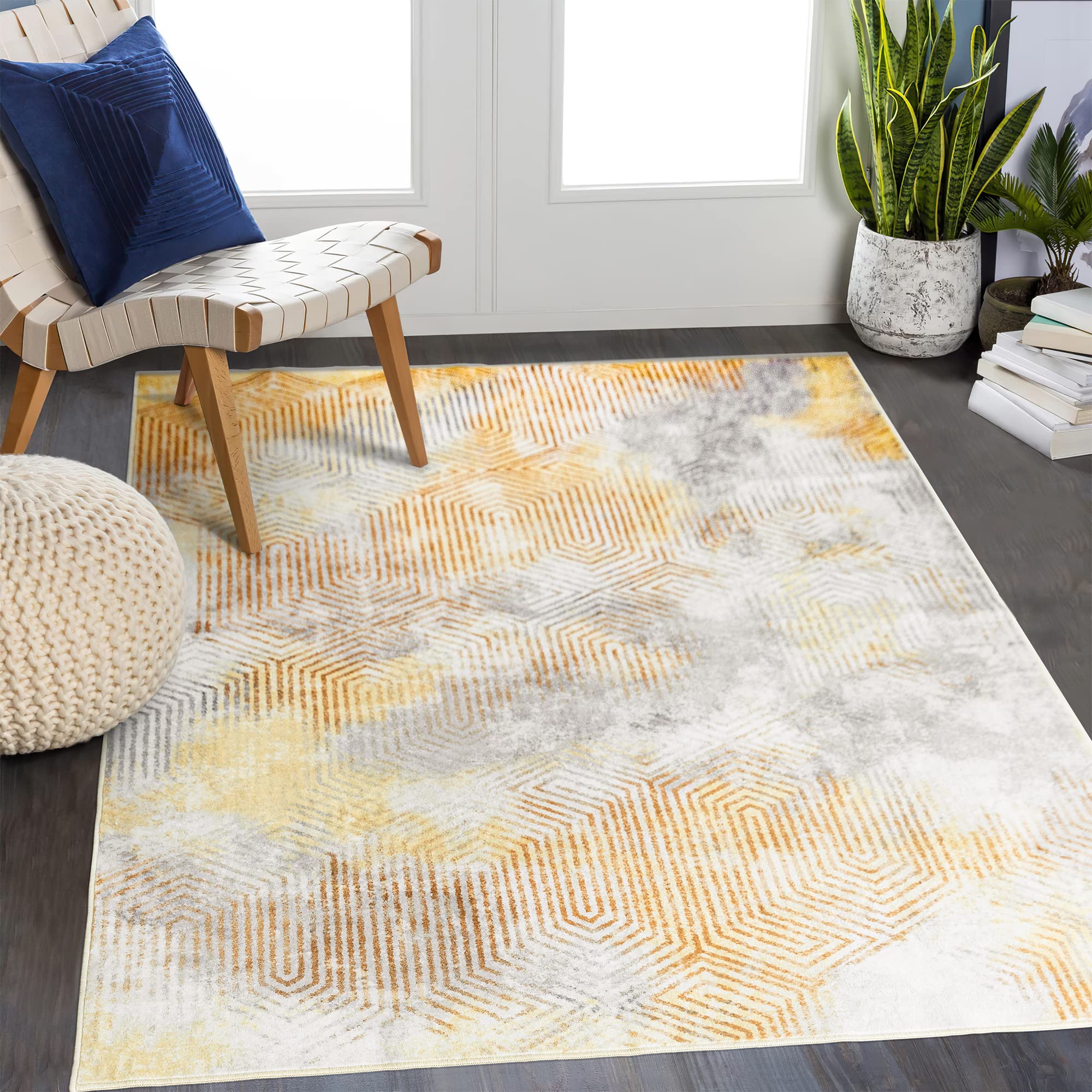 Art&Tuft Washable Rug 5x7 ft - Non-Slip Backing Abstract Area Rug for Living Room, Bedroom & Office | Stain Resistant & Machine Washable | Foldable Modern Home Decor (TPR21-Yellow, 5'x7')
