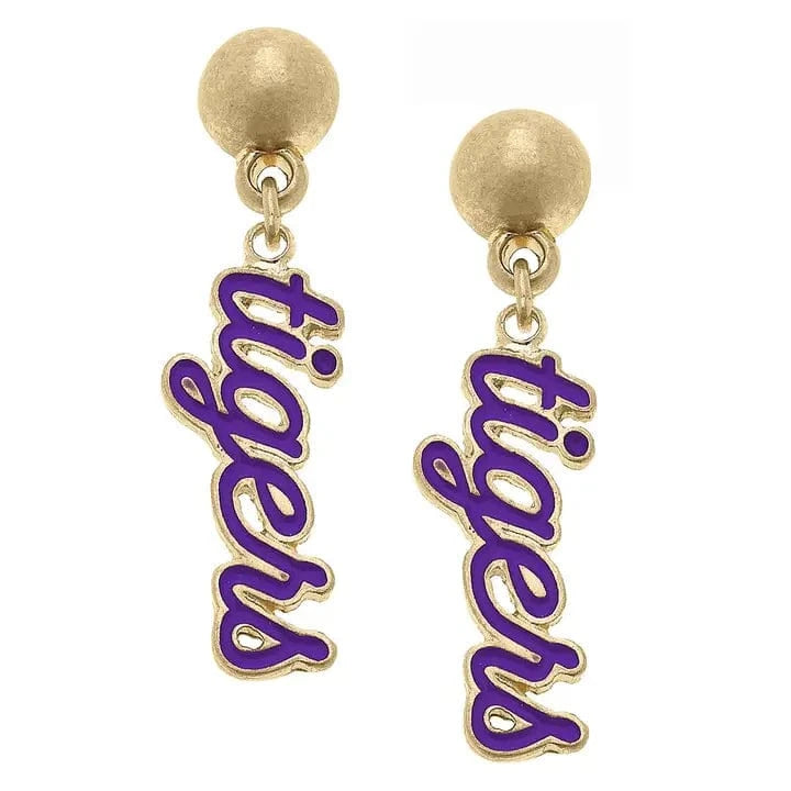 Purple Tigers Script Drop Earrings - Elegant Dangle Jewelry for Women | Perfect for Parties, Weddings & Special Occasions