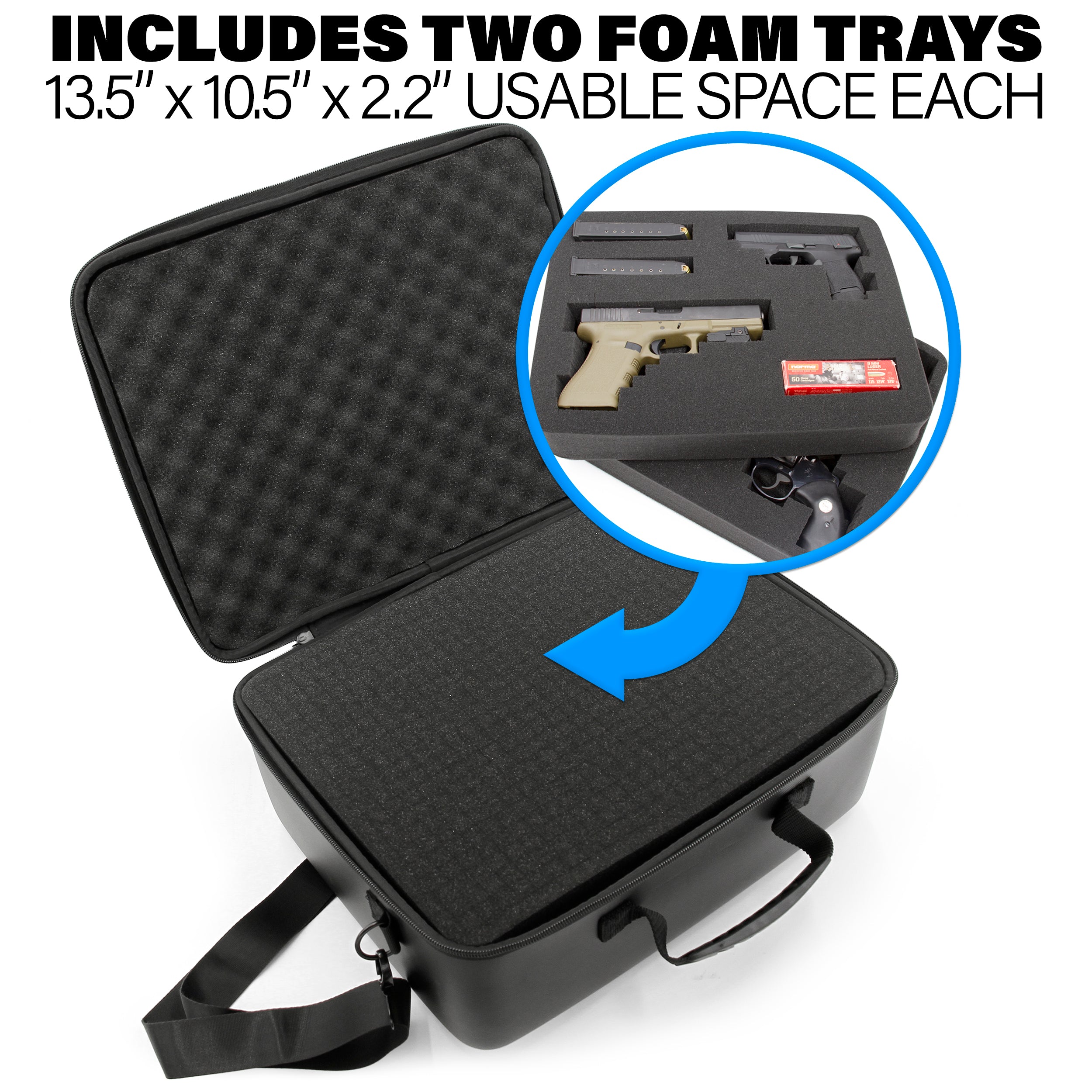 CASEMATIX Durable EVA Gun Case with Customizable Foam - Holds Up to 4 Pistols, Shoulder Strap Included | Perfect for Range Shooting, Hunting & Firearm Storage