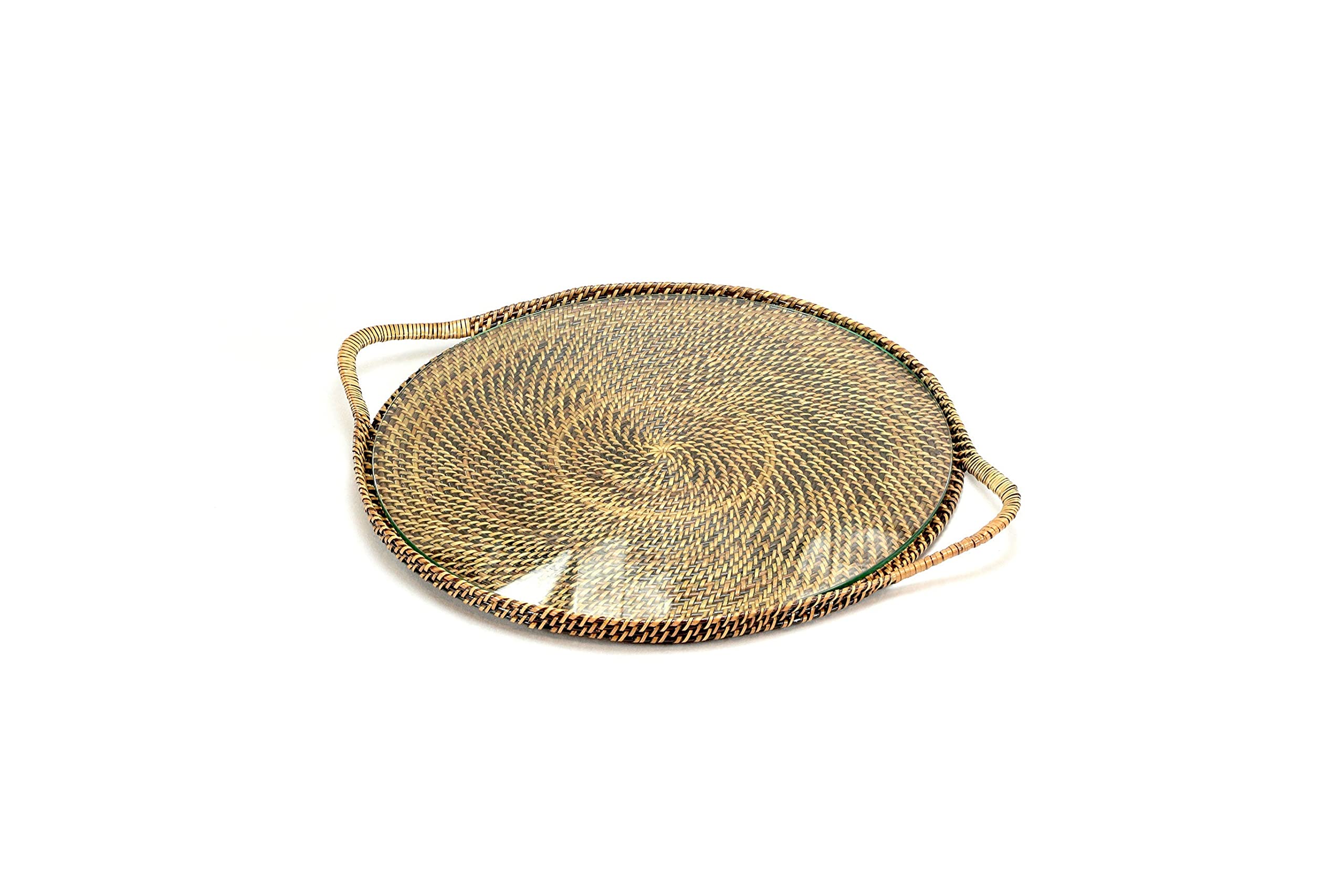 13 Inch Round Woven Serving Tray with Handles & Removable Glass Insert - Perfect for Breakfast in Bed, Coffee Table Decor, and Party Serving