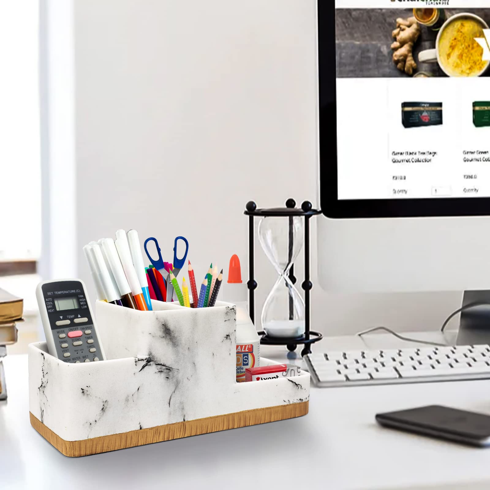 YMWVH White Resin Marble Toothbrush Holder - 5 Compartment Bathroom Organizer for Toothpaste, Razor & Essentials - Countertop Storage for Bathroom Accessories (Perfect for Small Spaces & Family Use)