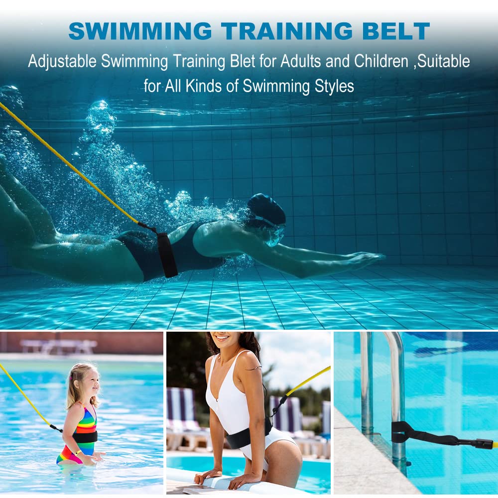 4M Swimming Training Belt - Adjustable Pool Swim Leash with Resistance Band for Stationary Swimming | Swim Tether Belt & Bungee Cords for Swim Training | Perfect for Indoor Pools, Swim Practice & Fitness Workouts