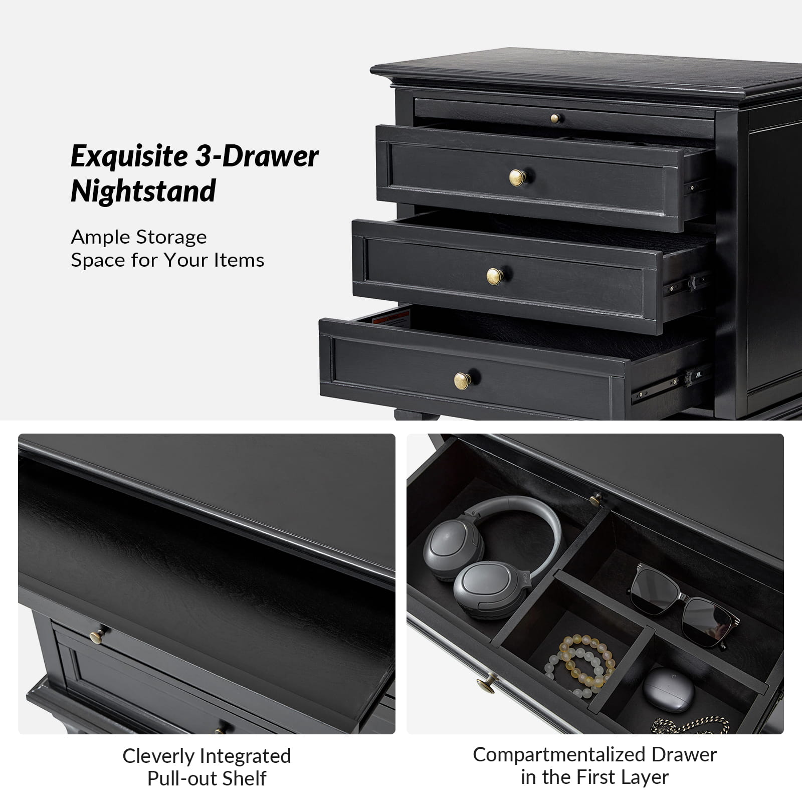 Galatea 3-Drawer Nightstand with USB Charging Ports & Power Outlets - Modern Bedside Table with Storage for Bedroom, Living Room or Office