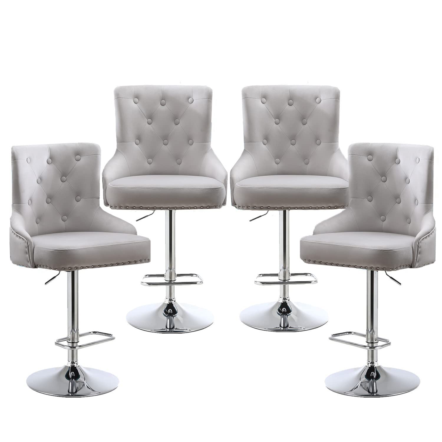 Modern Velvet Bar Stools Set of 4 - Adjustable Height High Back Counter Stools for Kitchen Island, Pub, Bar & Dining Room - Light Grey Upholstered Seating for Home & Commercial Use