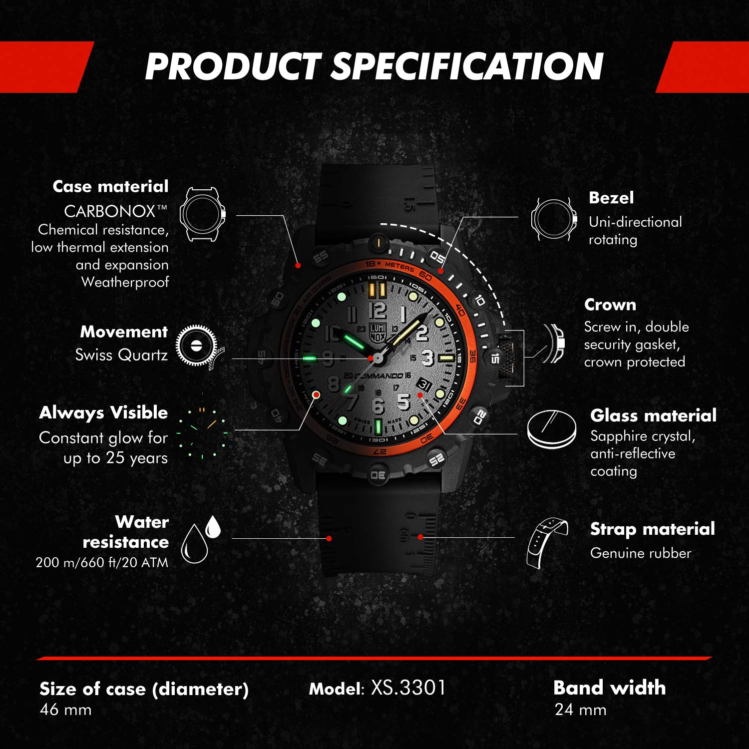 Luminox Commando Frogman XS.3301 Men's Military Dive Watch - 46mm Black/Grey, Date Function, 200m Water Resistant, Sapphire Crystal Glass | Perfect for Scuba Diving, Outdoor Adventures & Tactical Operations