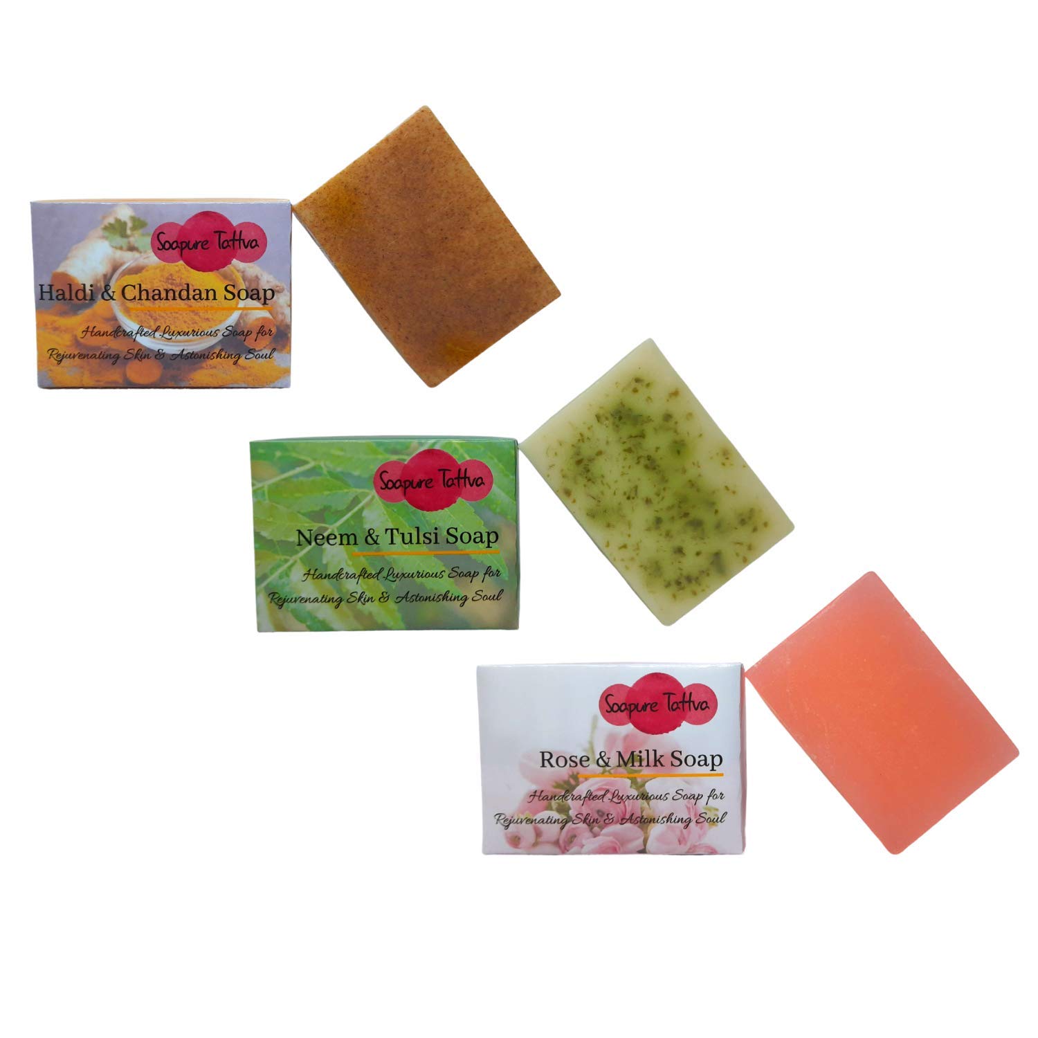 Soapure Tattva Handmade Herbal Soap Gift Set - Turmeric & Sandalwood, Neem & Tulsi, Rose & Milk (3 x 4.4oz) | Natural Skin Care for Dry, Sensitive & Acne-Prone Skin | Perfect for Daily Use, Spa Days & Eco-Friendly Gifting