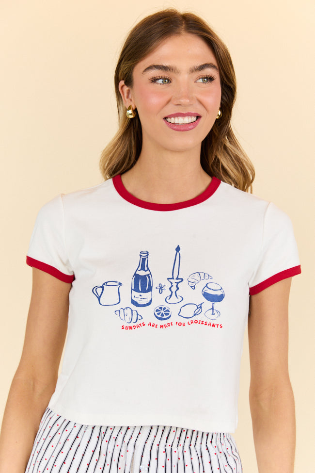 Stylish White Cropped Tee with 'Croissants For Dinner' Graphic - Trendy Casual Outfit for Women | Perfect for Streetwear, Date Night & Everyday Fashion