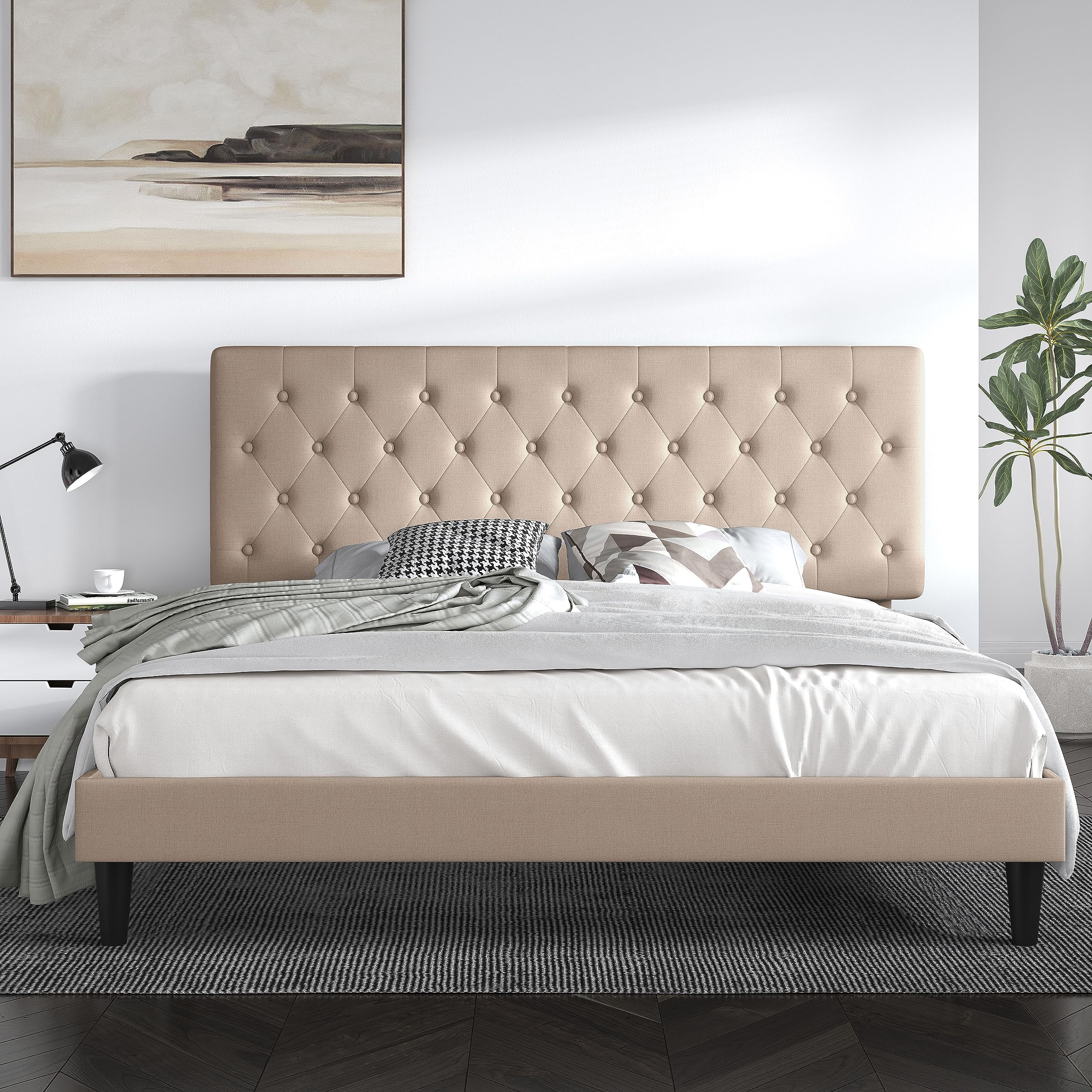 SHA CERLIN King Size Bed Frame with Button Tufted Headboard - Upholstered Fabric Platform Bed with Wooden Slats, No Box Spring Required, Beige - Perfect for Master Bedroom, Guest Room & Modern Home Decor