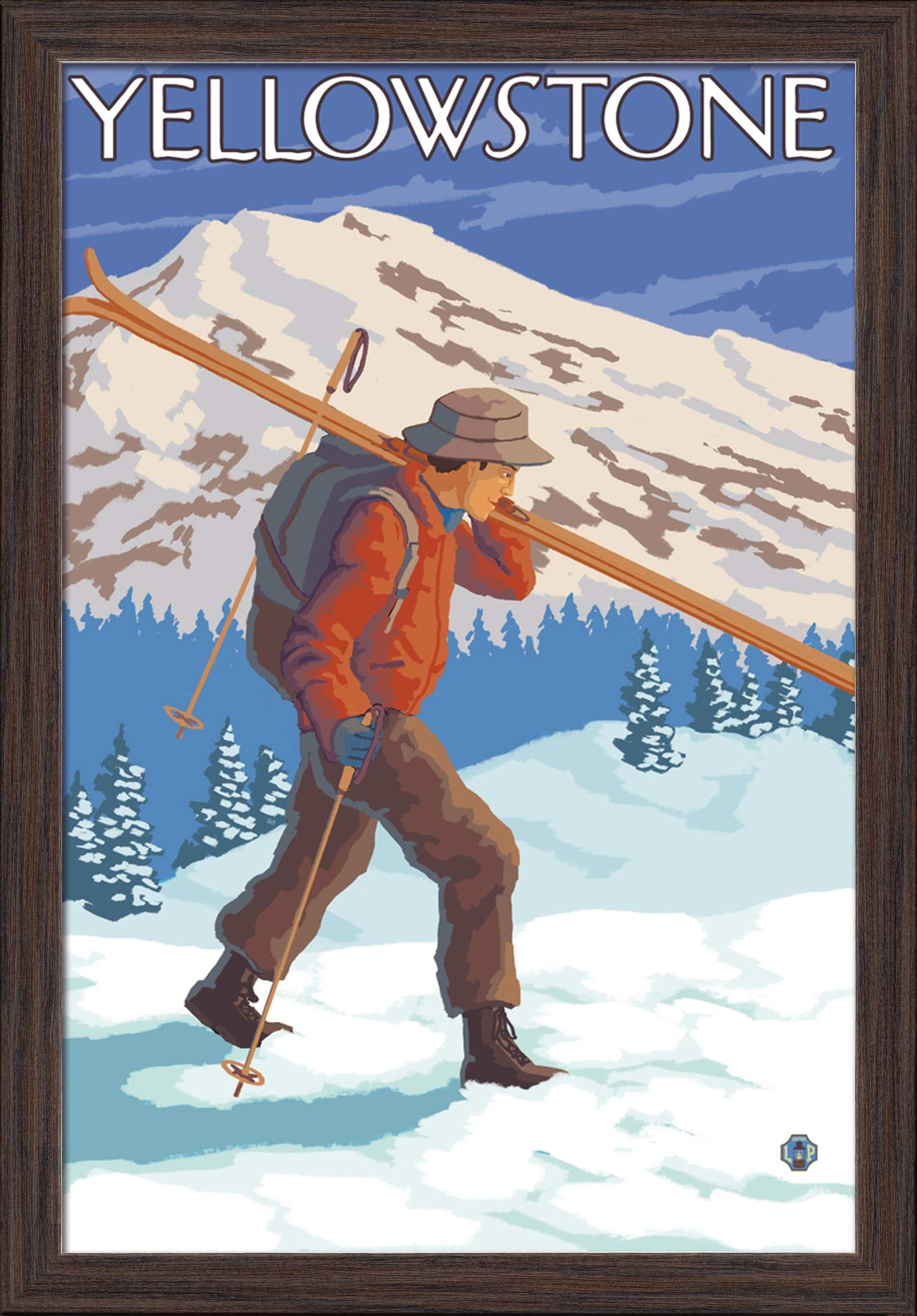 16x24 Giclee Fine Art Print of Skier Carrying Snow Skis in Yellowstone National Park - Recycled Wood Frame in Espresso Brown - Perfect for Ski Lodge, Cabin, or Mountain Home Decor
