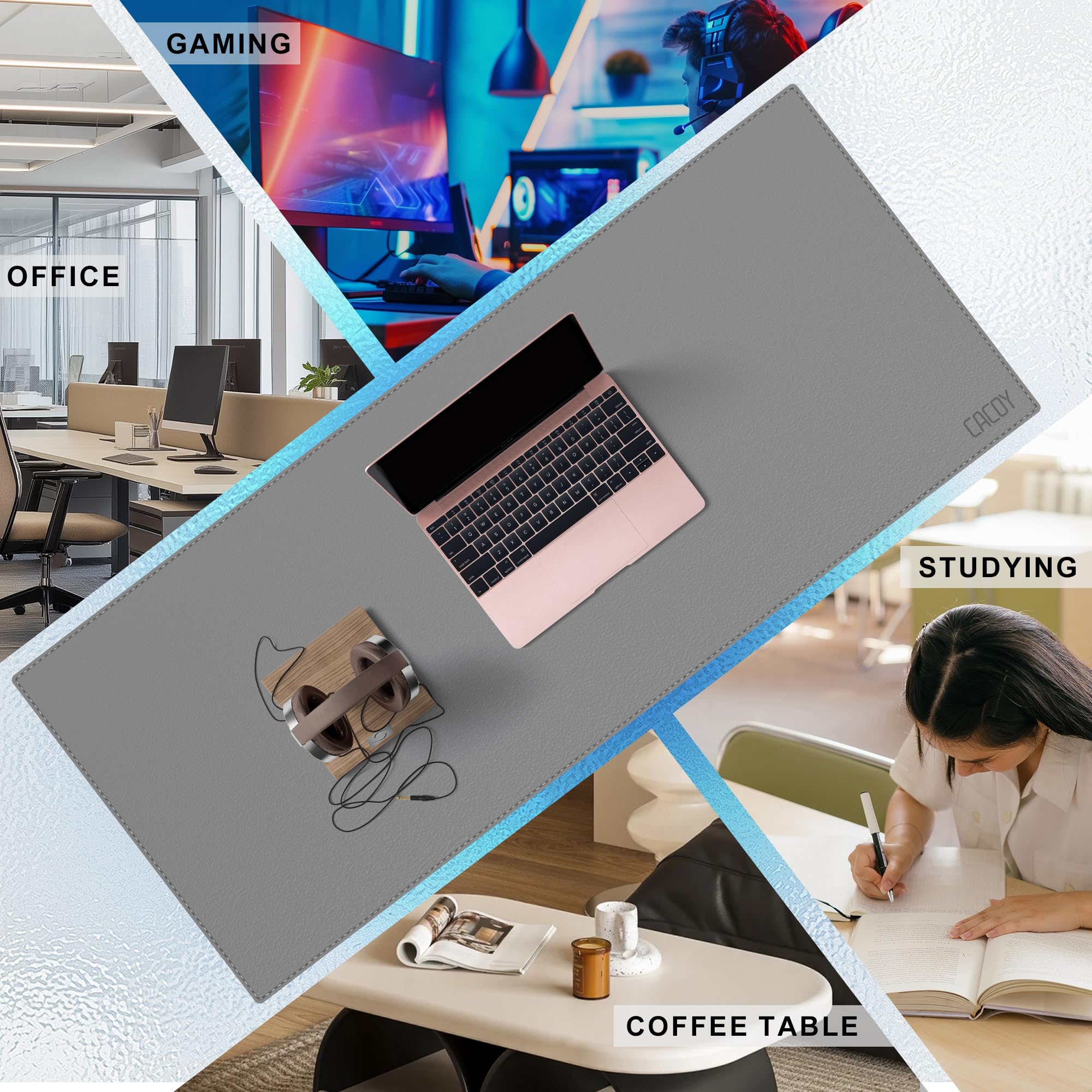 Premium PU Leather Desk Pad Protector - 48x20 Inches Waterproof Office Desk Blotter - Non-Slip Gaming Mouse Pad (Grey) for Workstation & Home Office - Perfect for Computer Work, Writing & Gaming