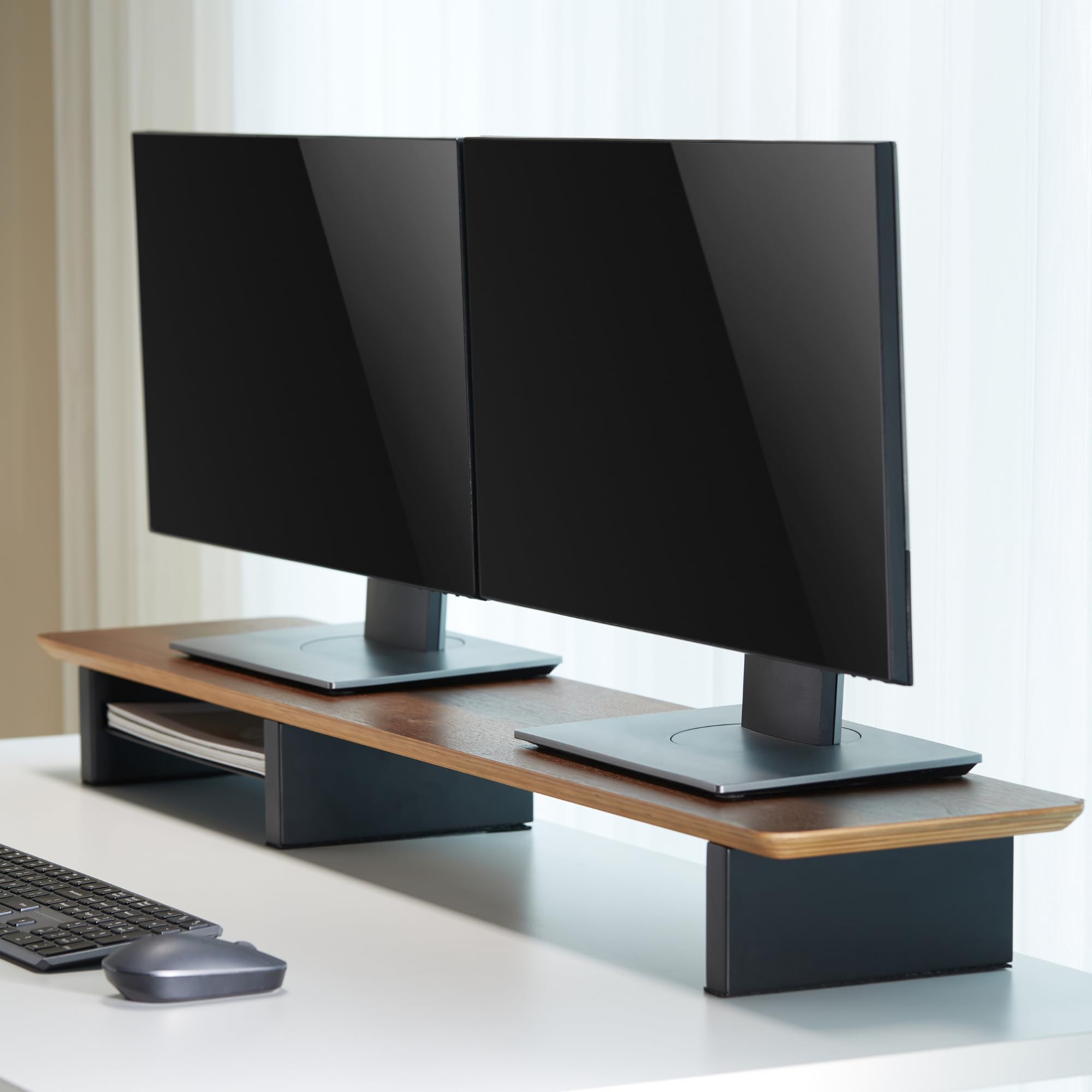 XL 44 Inch Walnut Wood Monitor Stand for Desk - Large Dual Monitor Riser with Desk Shelf, Solid Wood Computer Monitor Stand for Home & Office Workspace