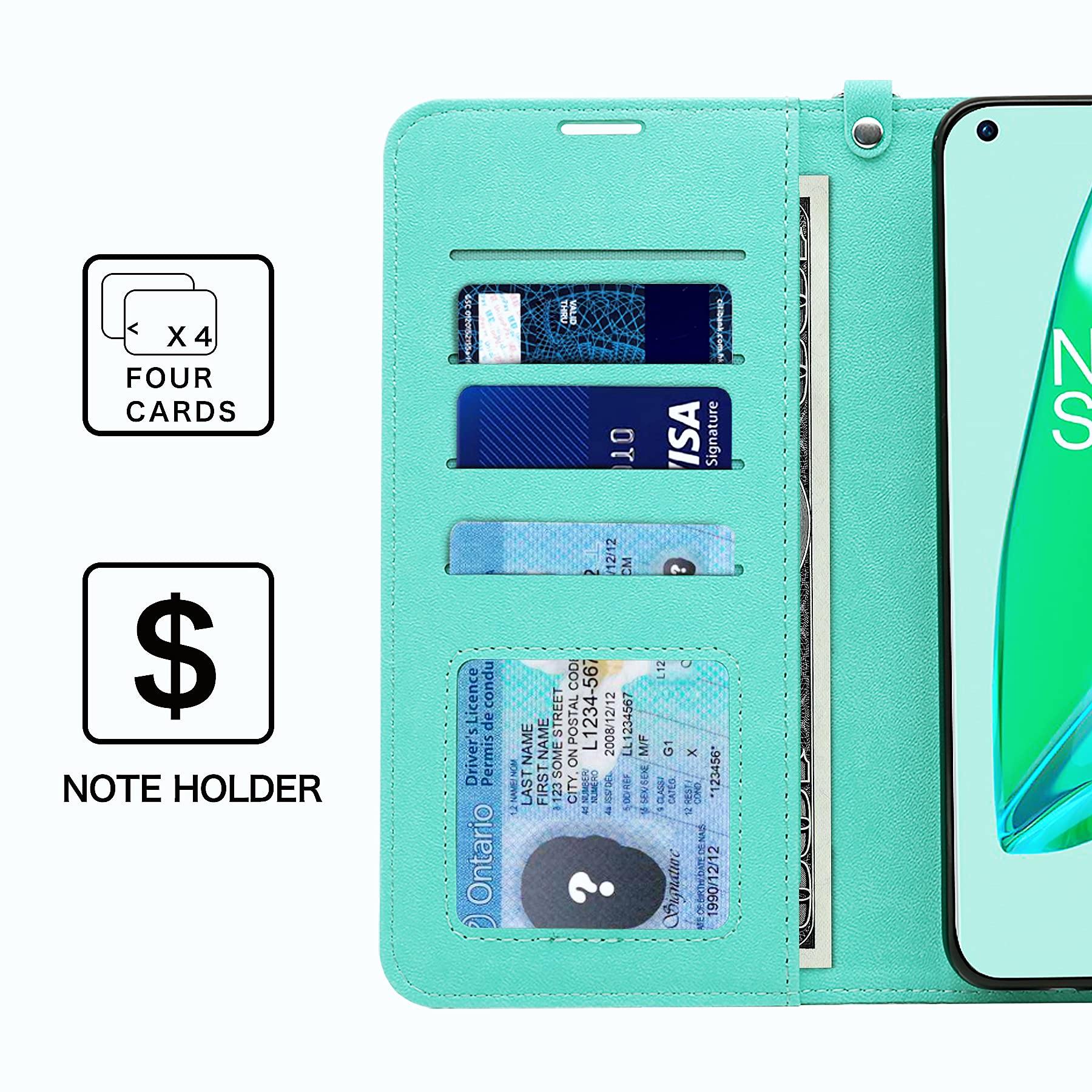 Premium PU Leather OnePlus 9 Pro 5G Wallet Case with Kickstand & RFID Blocking - Double Layer Protection, Green | Slim Flip Folio Cover for Daily Use, Business Travel & Secure Contactless Payments