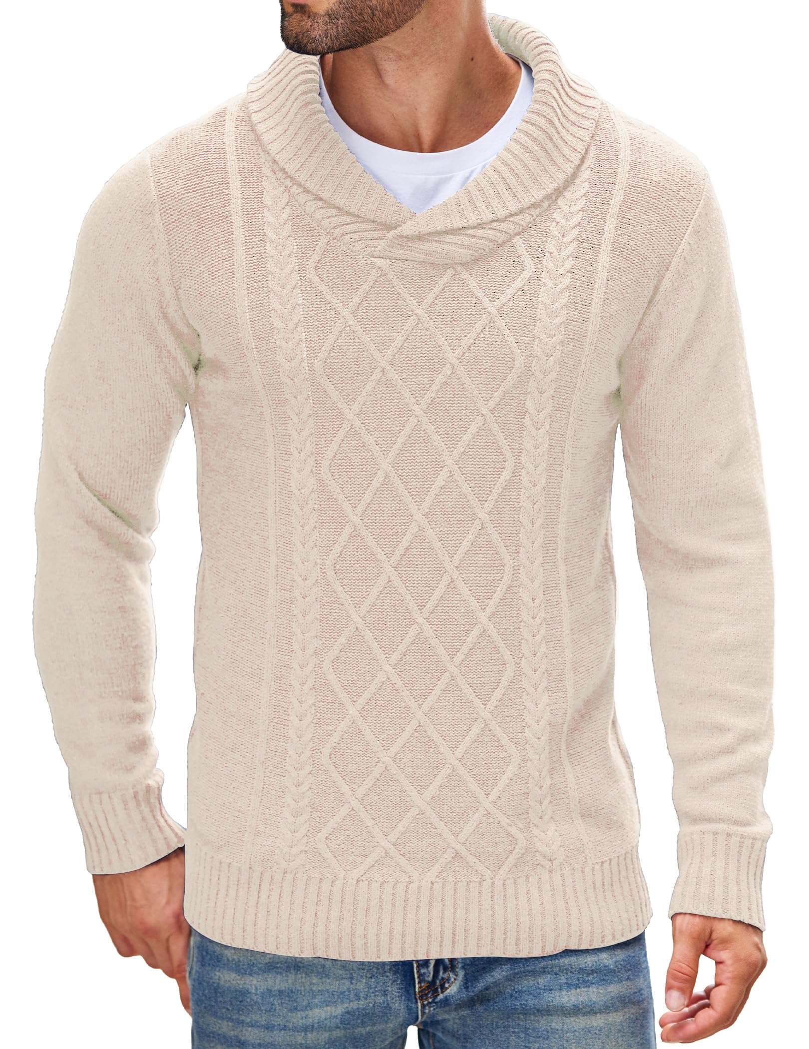 COOFANDY Men's Shawl Collar Sweater - V-Neck Cable Knit Pullover for Relaxed Fit | Warm Winter Casual Wear & Office Style