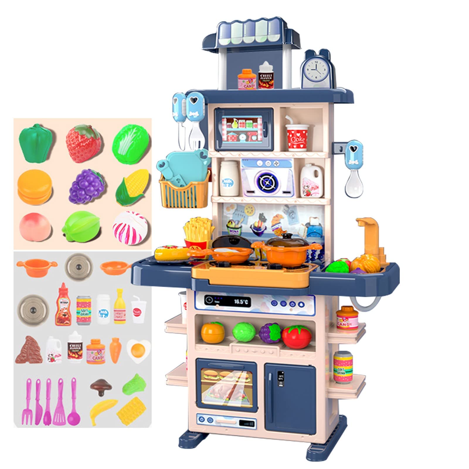 Aocay 45PCS Kids Pretend Play Kitchen Set with Cookware, Simulation Food, Stove & Refrigerator - Educational Cooking Toys for Toddlers Ages 3+ (Blue) | Perfect for Role Play, Birthday Gifts & Early Learning Activities