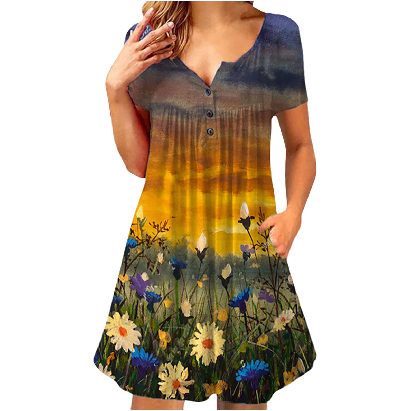 Women's Vintage Floral Print Henley Dress - Short Sleeve V-Neck Ruched Mini Dress for Casual Summer Wear | Perfect for Beach Outings, Date Nights & Weekend Brunch