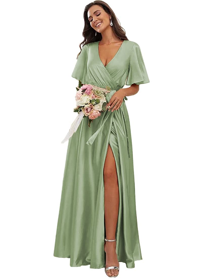 Elegant A-Line V-Neck Satin Bridesmaid Dress for Women - Short Sleeve Wedding Guest Dress with Thigh Slit | Perfect for Bridal Parties, Formal Events & Evening Occasions