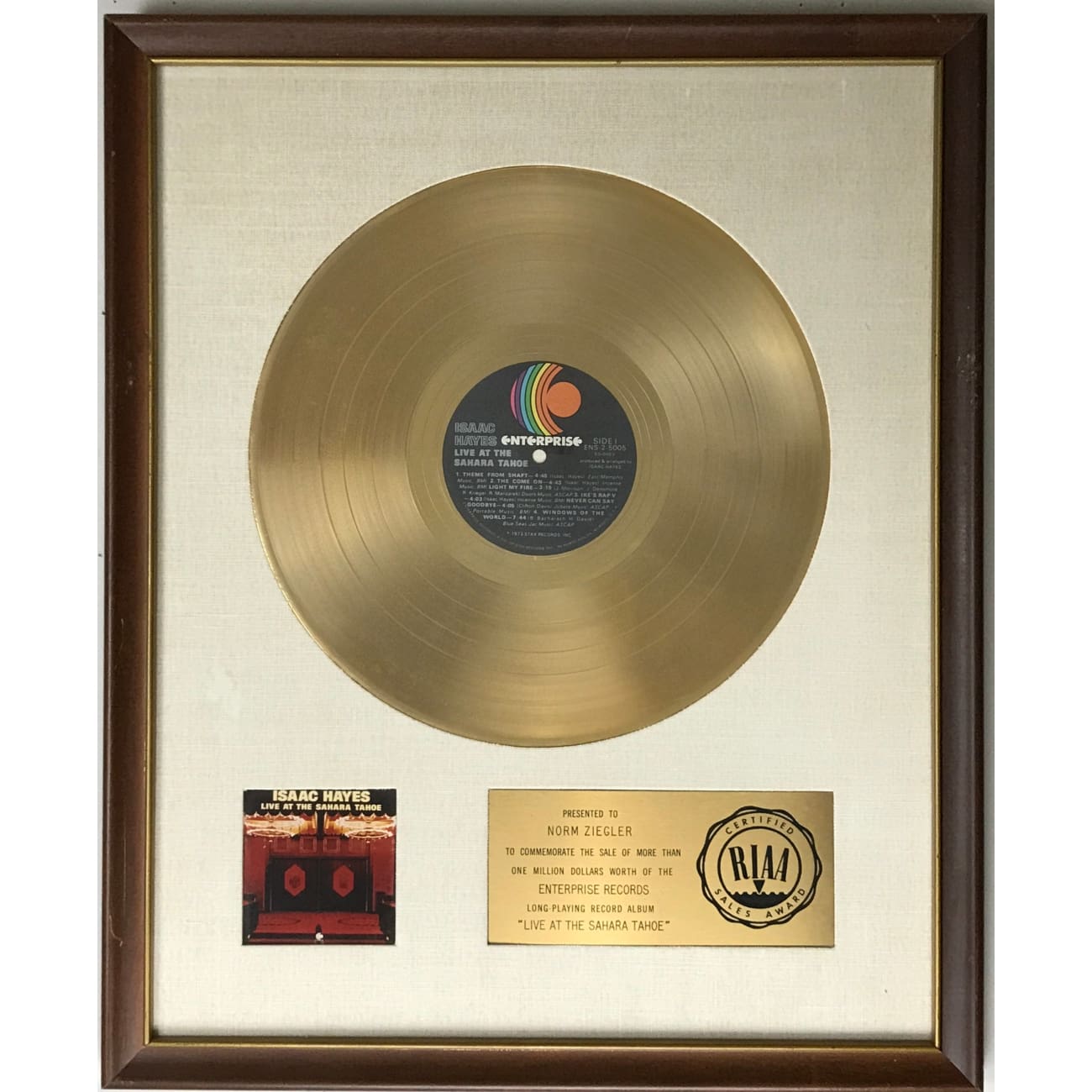 Isaac Hayes Live At the Sahara Tahoe White Matte RIAA Gold LP Award - Rare Vinyl Record Collector's Edition for Music Enthusiasts & Audiophiles - Perfect for Home Decor, Vintage Music Collections, and Gift Giving
