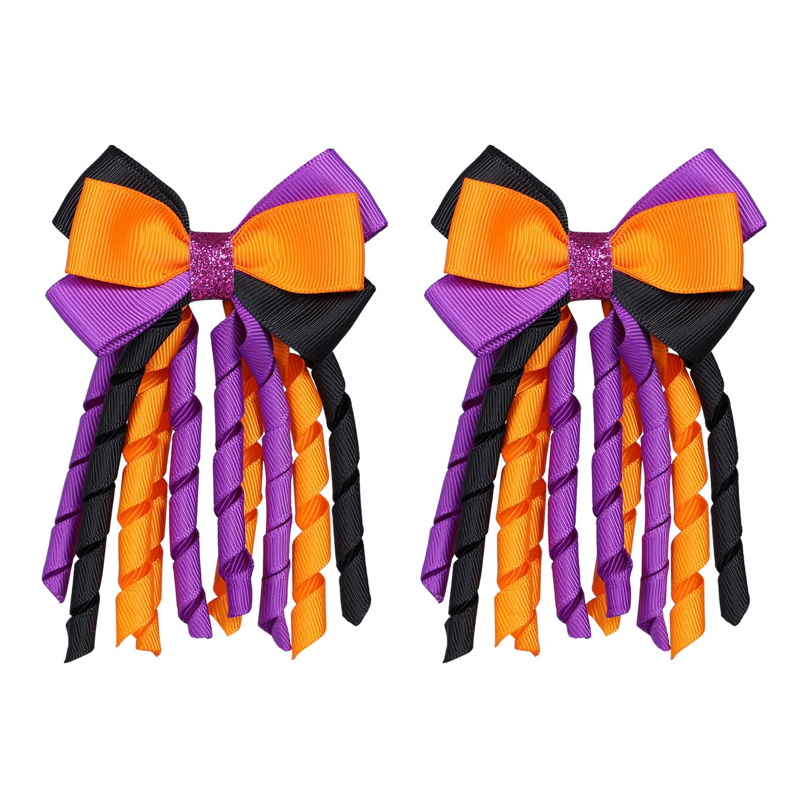 Halloween Hair Bow Clips 3 Inch - Handmade Curly Ribbon Hair Clips for Kids Girls - Trick or Treat Hair Accessories in Black, Orange & Purple - Perfect for Halloween Parties, Costumes & School Events