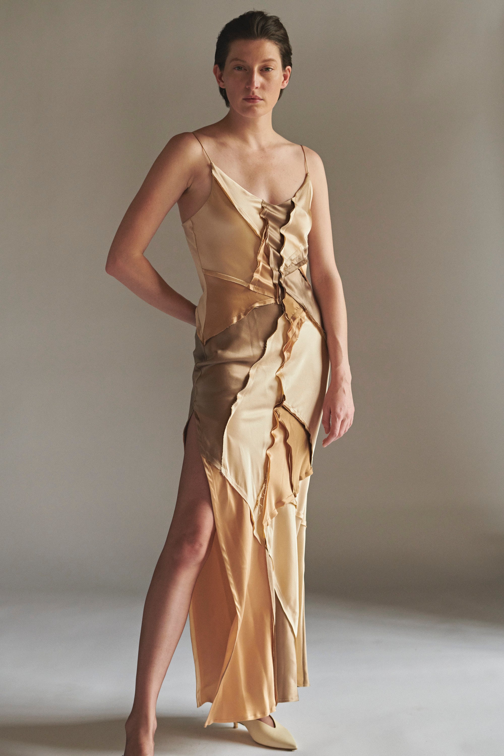 Eco-Friendly Elongated Recycled Dress with High Slit - Neutral Color Combo | Perfect for Casual Outings, Date Nights & Sustainable Fashion