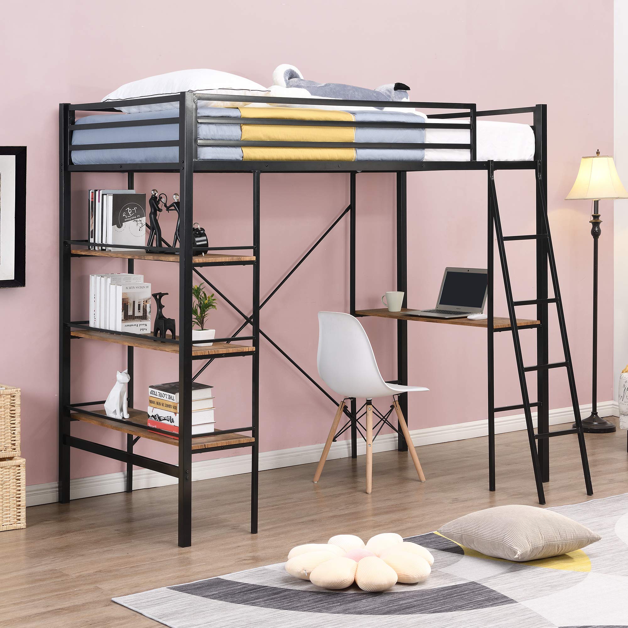 Metal Loft Bed Twin Size with Desk & Storage Shelf - Full-Length Guardrail, Space-Saving Design, No Box Spring Needed - Perfect for Small Bedrooms, Dorms & Studio Apartments
