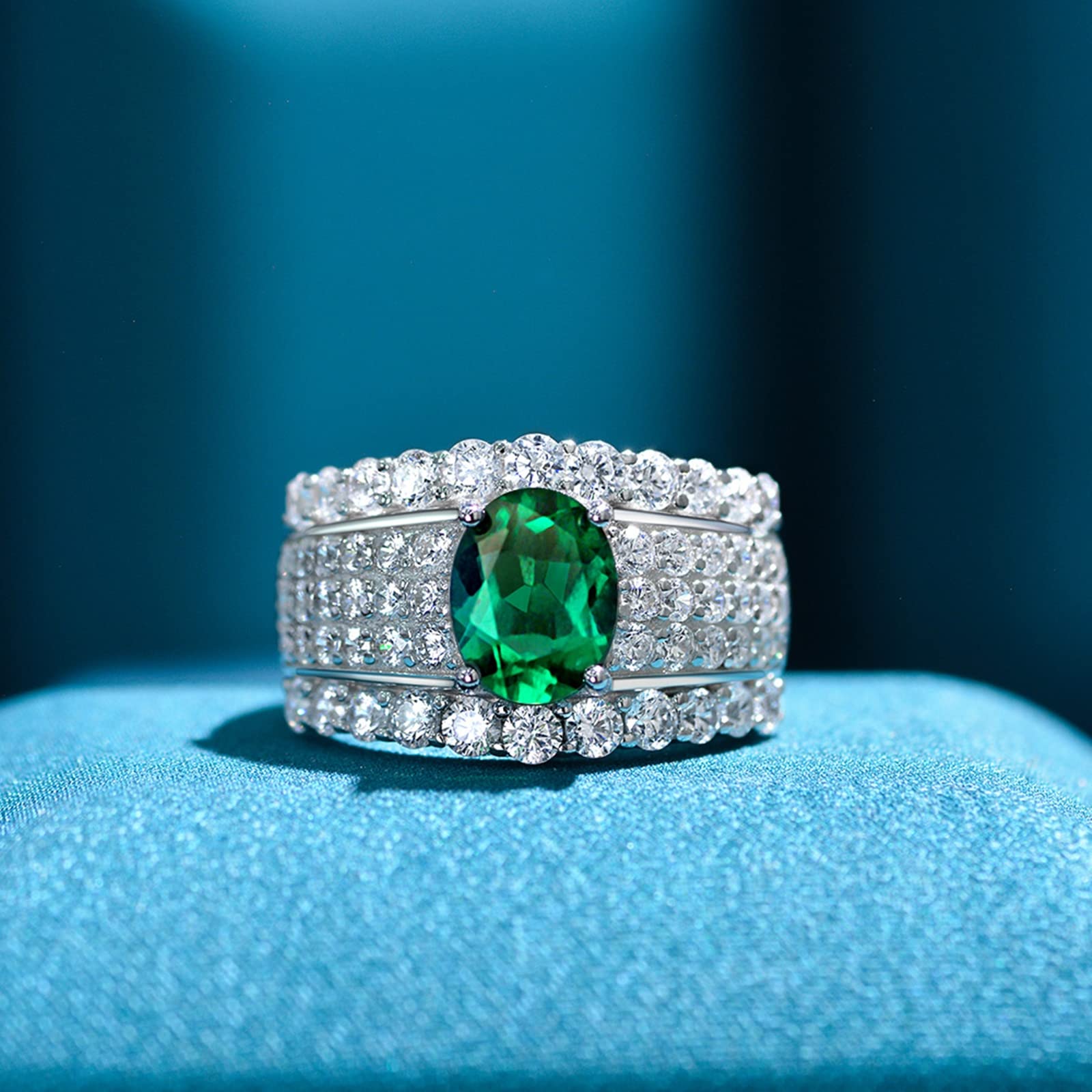 Gualiy 925 Sterling Silver Promise Ring for Women - 9x7mm Created Emerald & Cubic Zirconia Wedding Band, Comfort Fit, Size 5-9 | Perfect for Engagement, Anniversary, Valentine's Day Gift