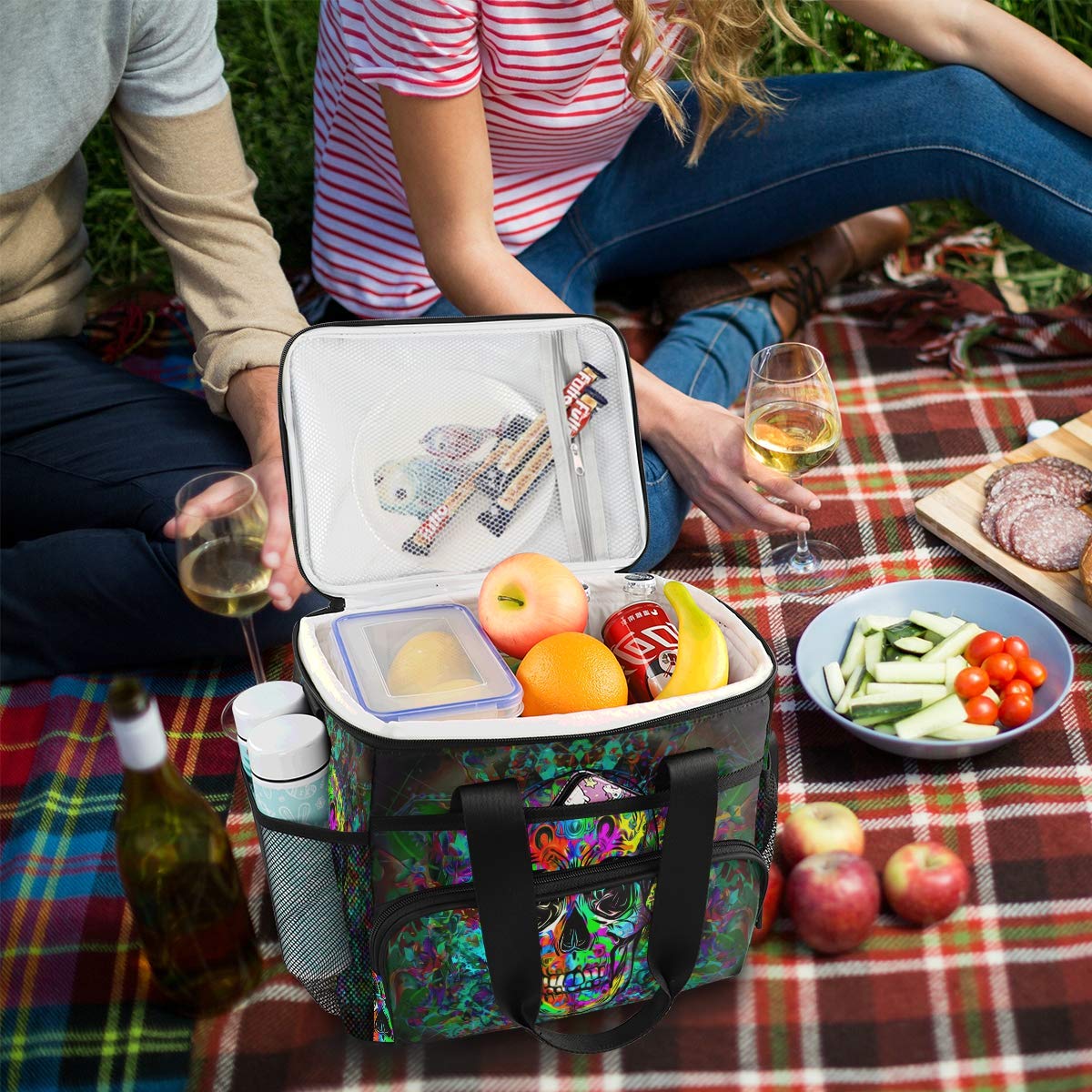 Large Insulated Skull Picnic Lunch Bag - Reusable Freezable Tote with Leakproof & Waterproof Design - Perfect for Outdoor Camping, Beach Trips, Office Lunch & Travel Cooler