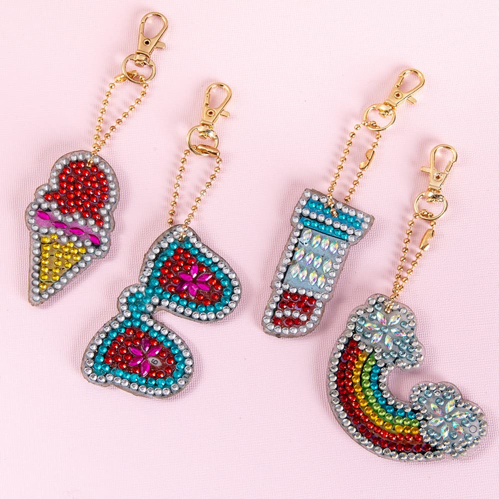 4-Pack DIY Diamond Art Keychains for Kids & Adults - 5D Diamond Painting Kit with Gems - Fashionable Craft Set for Gifts, Party Favors, and Personal Accessories