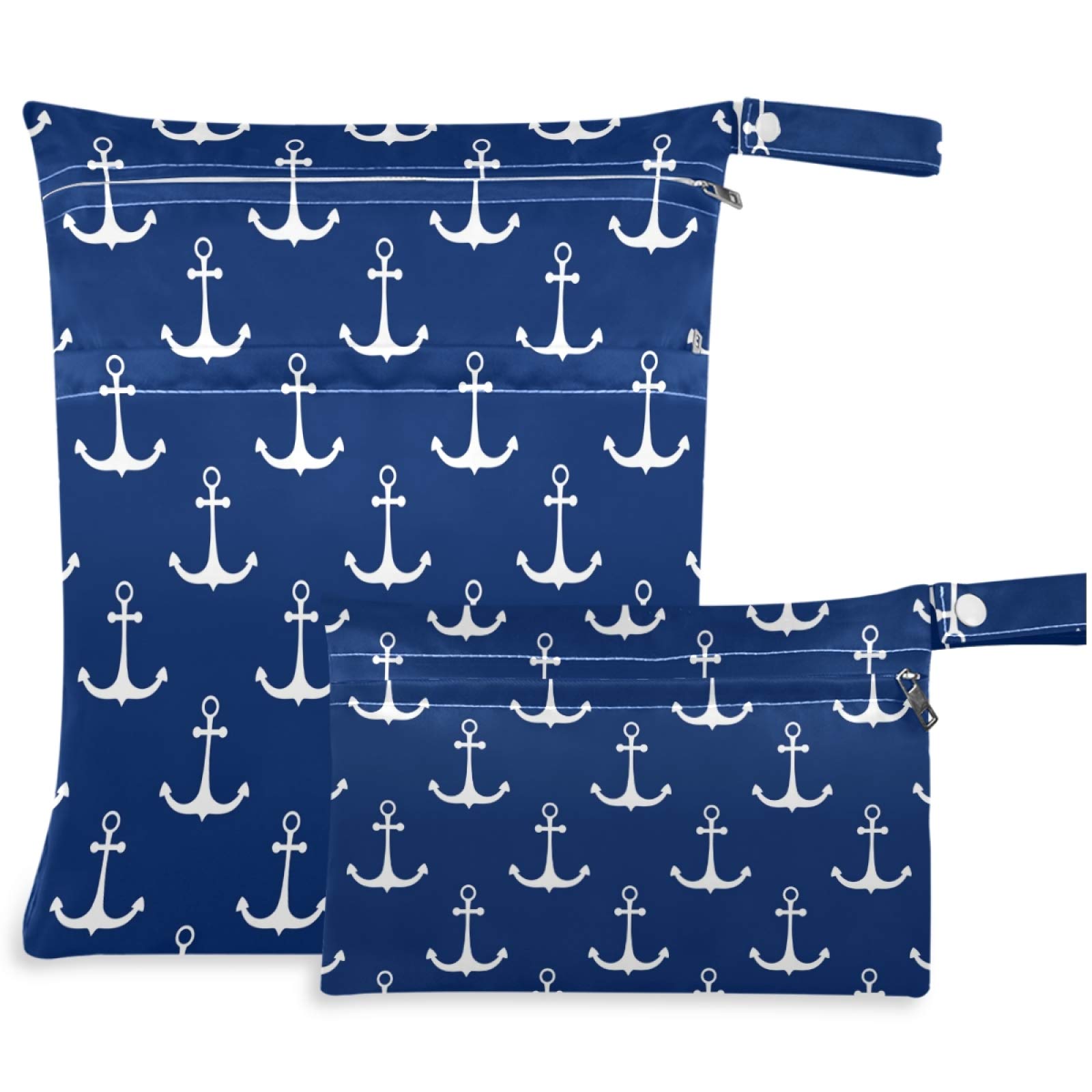 Visesunny Classic Anchor Dark Blue 2-Piece Wet Bag Set with Zippered Pockets - Washable & Reusable Waterproof Storage for Travel, Beach, Pool, Daycare, Stroller, Diapers, Gym Clothes, Swimsuits & Toiletries - Perfect for Organizing Wet Swimwear, Baby Essentials & Sports Gear