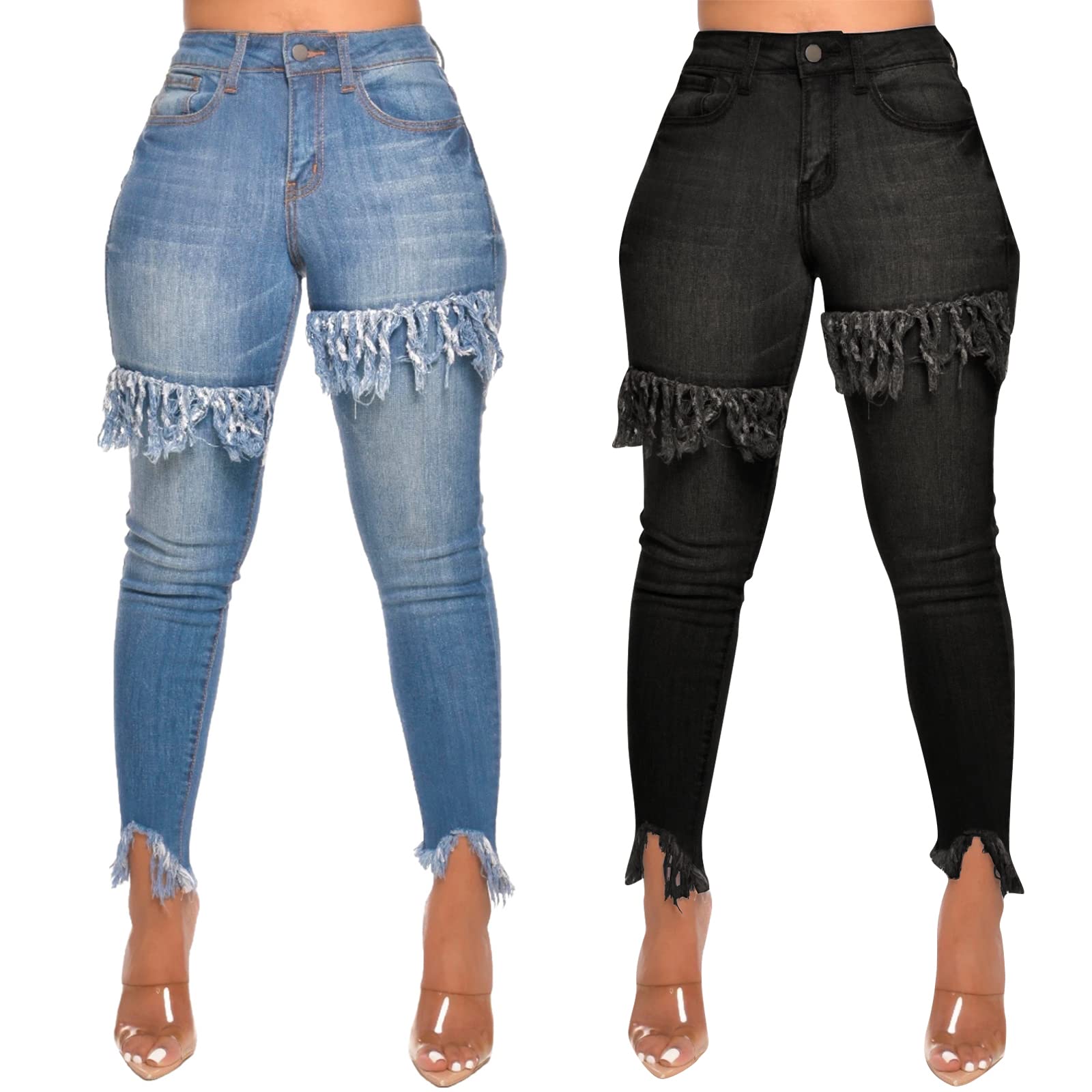 FairBeauty Women's Skinny Stretch Jeans - Frayed Raw Hem, Slim Fit Ripped Denim Pants for Casual Wear & Night Out | Trendy Distressed Jeans for Everyday Style