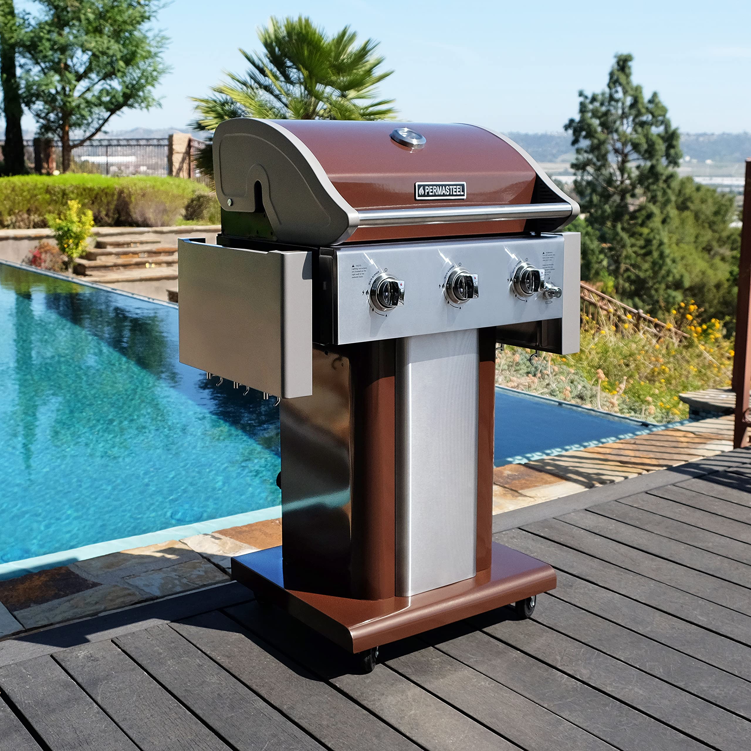 **Permasteel 3-Burner Propane Gas Grill – 30,000 BTU Outdoor BBQ Grill with Cast Iron Grates, Foldable Side Tables & Tool Hooks – Perfect for Backyard, Camping, and Tailgating (Mocha)**