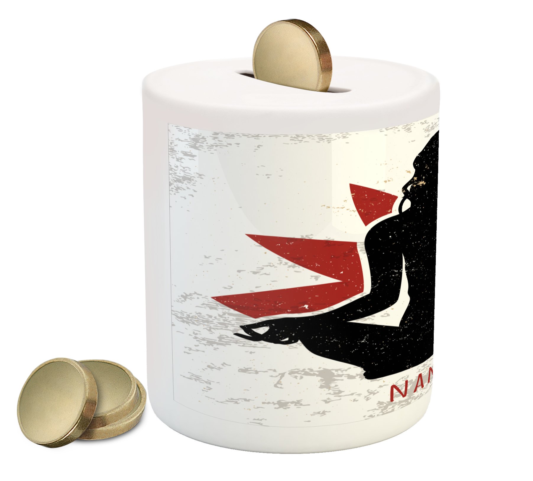 Ambesonne Ceramic Piggy Bank - Yoga Woman in Lotus Pose with Floral Backdrop, Orange Black White Design | Money Saving Coin Bank for Cash & Coins | Perfect for Yoga Lovers, Meditation Spaces & Unique Home Decor Gifts