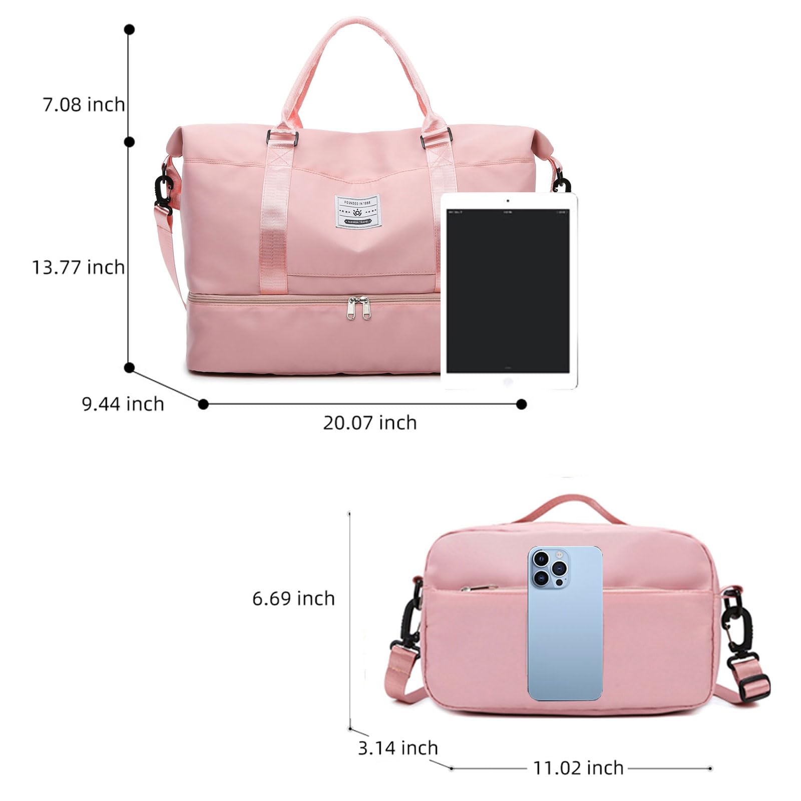**Valleycomfy Large Travel Duffel Bag with Shoes Compartment & Toiletry Bag - Pink Weekender Overnight Bag for Gym, Beach, Camping & Business Trips**