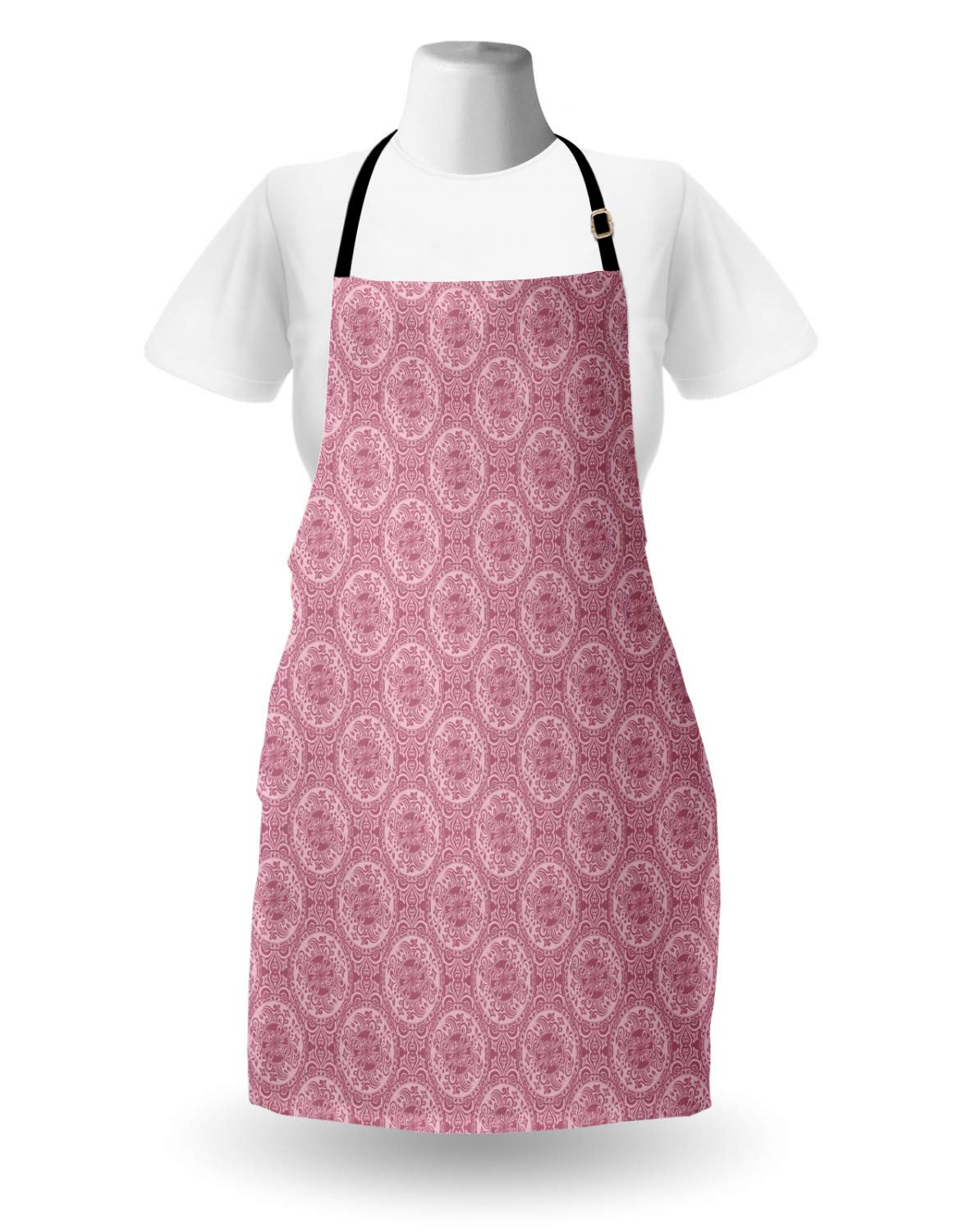 Ambesonne Unisex Kitchen Apron - Adjustable Neck Bib for Cooking, Baking, Gardening | Monochrome Damask Floral Design with Circle Patterns | Perfect for Home Chefs, BBQ Parties & Holiday Gifts (Dried Rose & Rose Color)