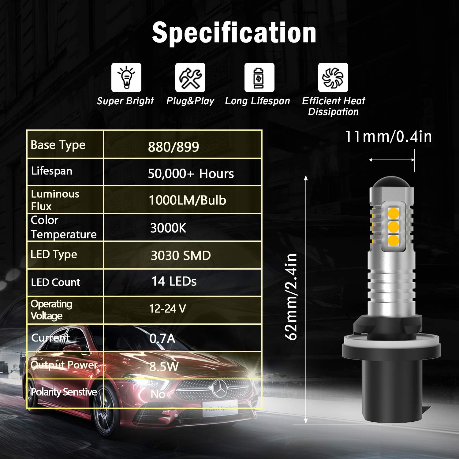880 899 LED Fog Light Bulbs - 2000 Lumens Super Bright 3030-SMD 892 886 890 LED Bulbs with Projector for Cars, Trucks, SUVs & Motorcycles - 3000K Amber Yellow - Perfect for Off-Roading, Night Driving & Foggy Conditions