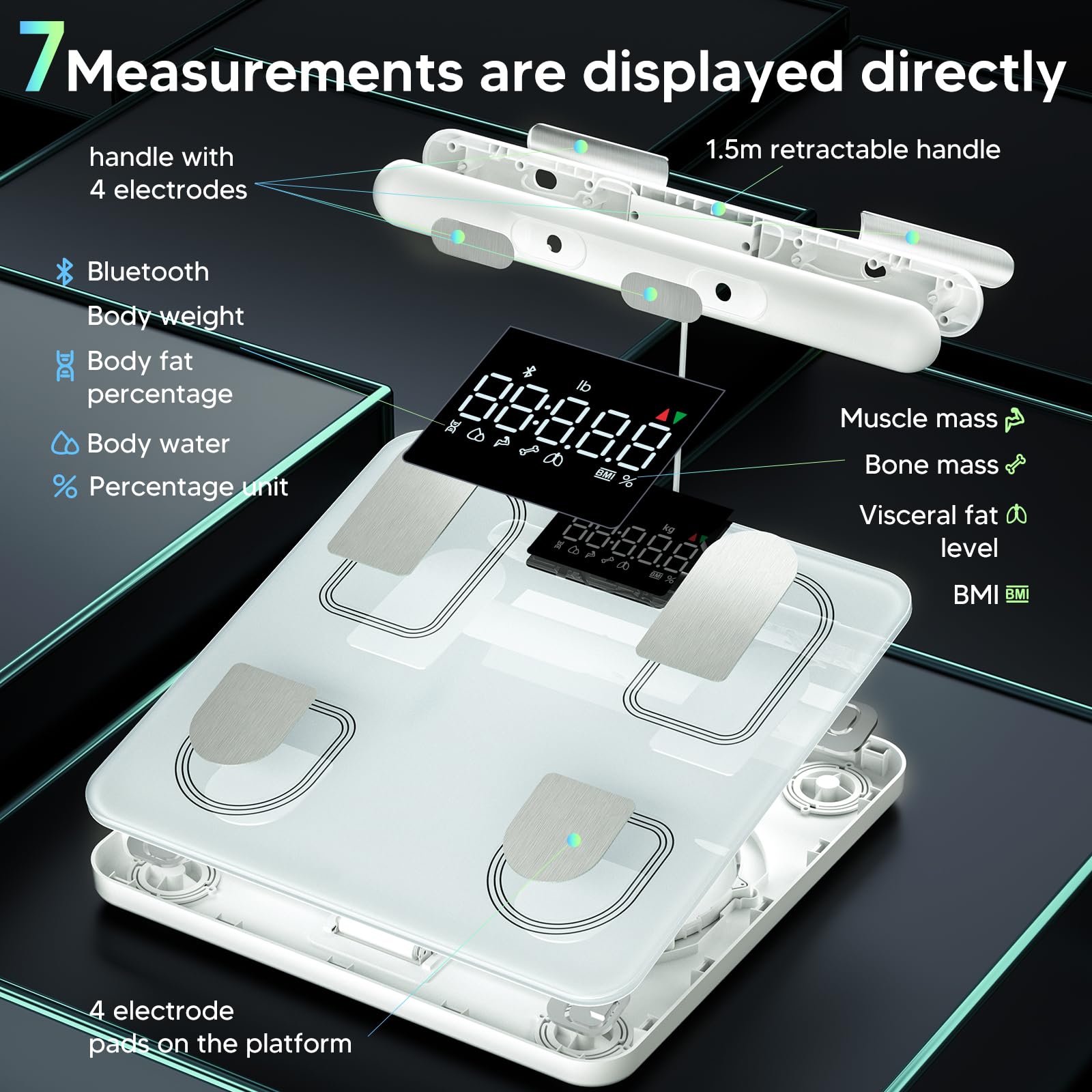 Arboleaf 8-Electrode Smart Body Fat Scale with Large LED Display - Full Body Composition Analyzer for BMI, Muscle Mass, BMR & 26 Health Metrics - Bluetooth Digital Weight Scale for Home Gym & Health Tracking